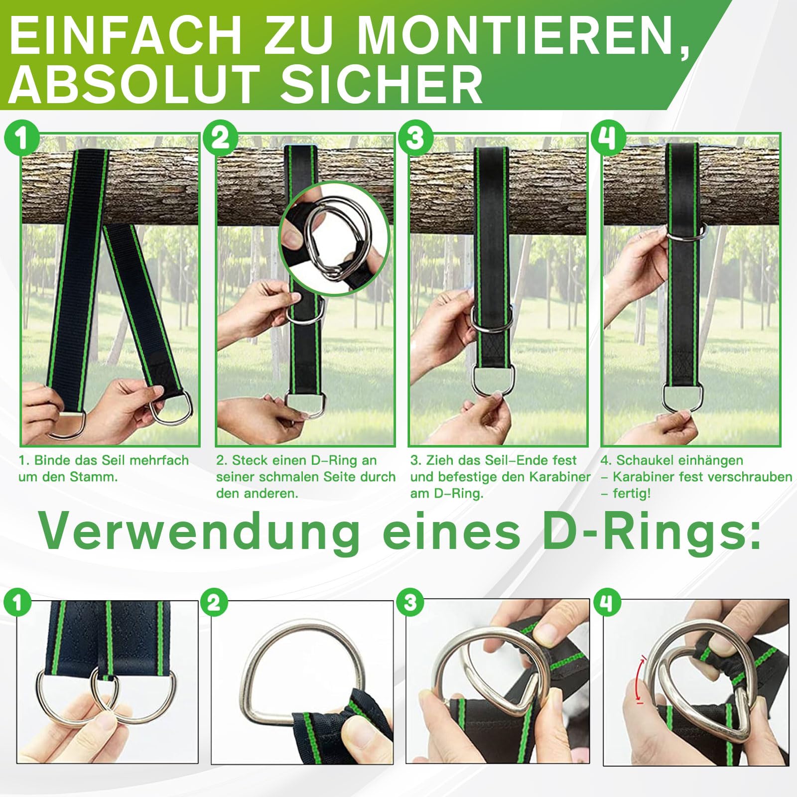 Set di fissaggio per altalena e amaca, 900 kg, pacchetto completo con cinghie da 150 cm, moschettoni, anelli a D, protezione dell'albero e custodia, uso universale per giardino e esterno