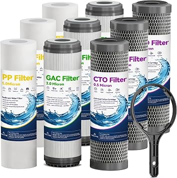 Whole House Water Filter Cartridges 5 Micron 10" x 2.5" PP+GAC+CTO 9 Packs Home Water Filter Replacement Cartridge,Effective Reduces Chlorine Odor,Taste,Water for Healthier Skin,Extra Wrench Supply