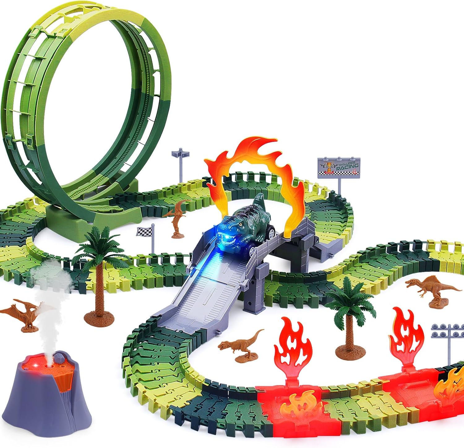 Dinosaur Race Track Set, 144PCS Flexible Track with Action Loop, 1 High-Speed Dino Race Car & 1 Mist Volcano, Dinosaur Track Toy for Kids 3 4 5 6 7 Years Boys & Girls Birthday Gift
