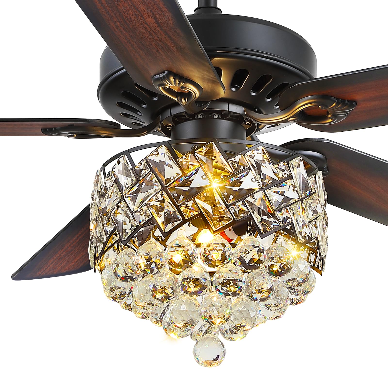 Asyko Crystal Ceiling Fan with Lights- 52" Modern Chandelier Ceiling Fan -Retro/Farmhouse Lighting?5 Blades Black Reversible Ceiling Fan with Remote Control for Bedroom Living Room