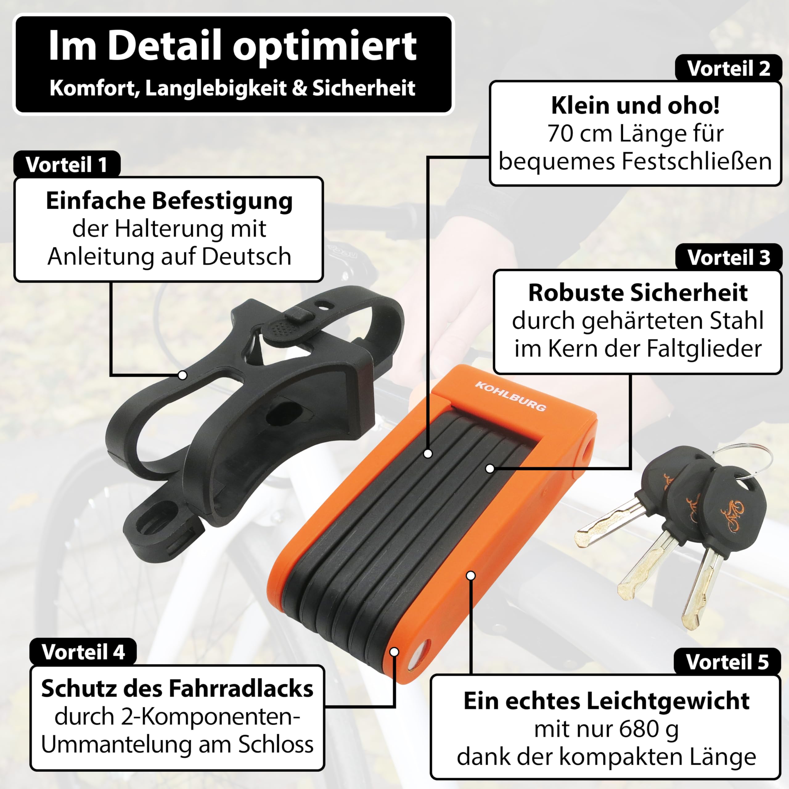 KOHLBURG leichtes & kleines Faltschloss - 680g leicht & 70cm lang - sicheres Fahrradschloss aus gehärtetem Stahl für E-Bike & Fahrrad mit Halterung