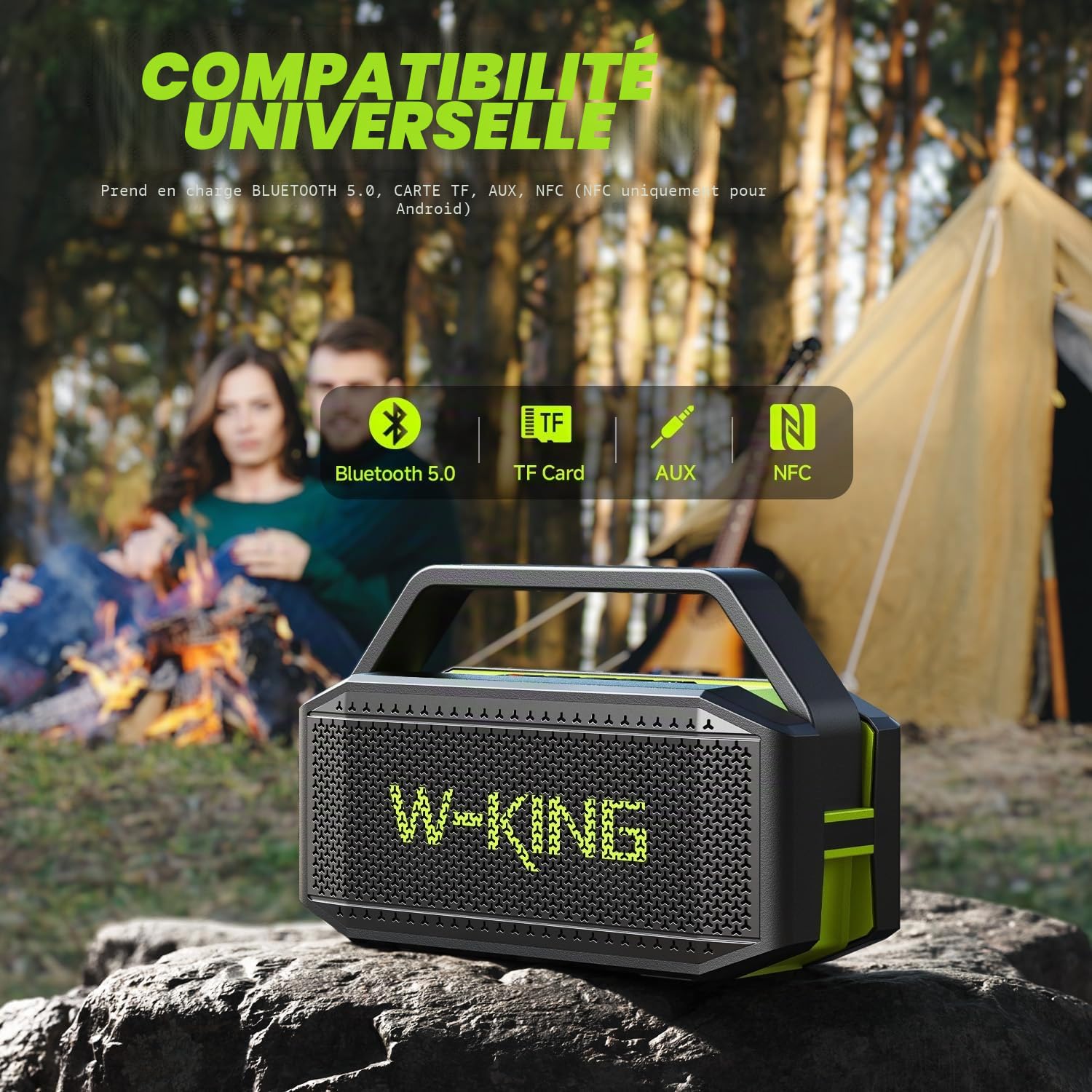 W-KING Enceinte Bluetooth Puissante, (100W Max)60W Haut Parleur Chantier Etanche Portable sans Fil Bluetooth Speaker Outdoor Boombox avec des Deep Bass, Powerbank, Autonomie 40 Hrs, AUX, Carte TF, EQ