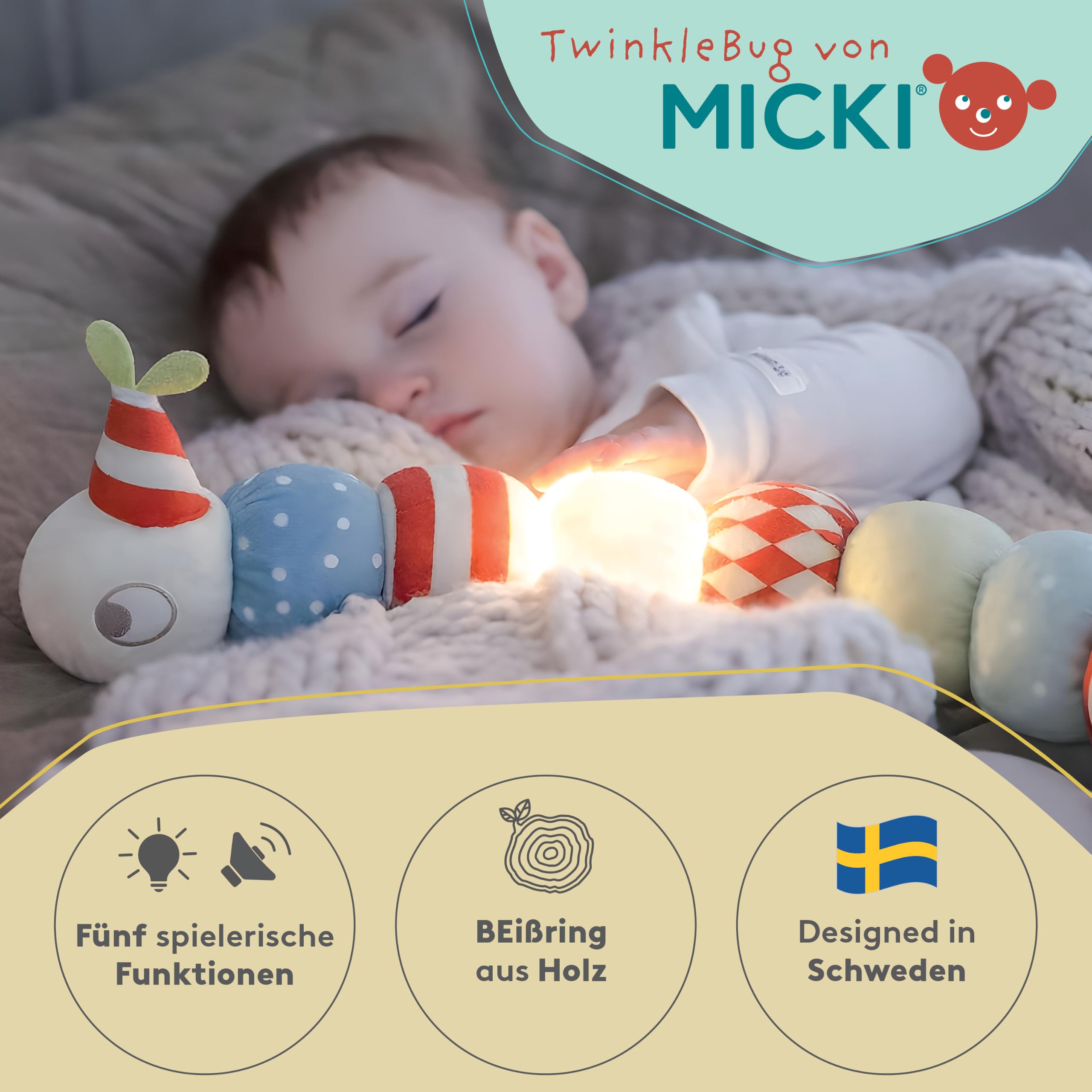 Micki Twinklebug zabawka dla niemowląt, zabawka sensoryczna z drewnianym