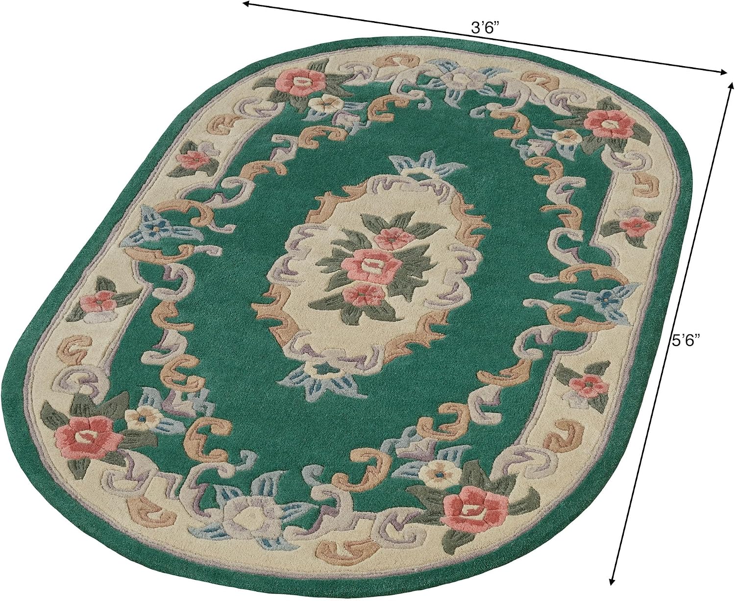 Traditional Floral Serena Aubusson II Oval Area Rug | 3 feet 6 inches x 5 feet 6 inches | Emerald Green | Handcarved, Hand-tufted, Luster Washed, Thick Pure Wool Rug with Flowers and Scrollwork