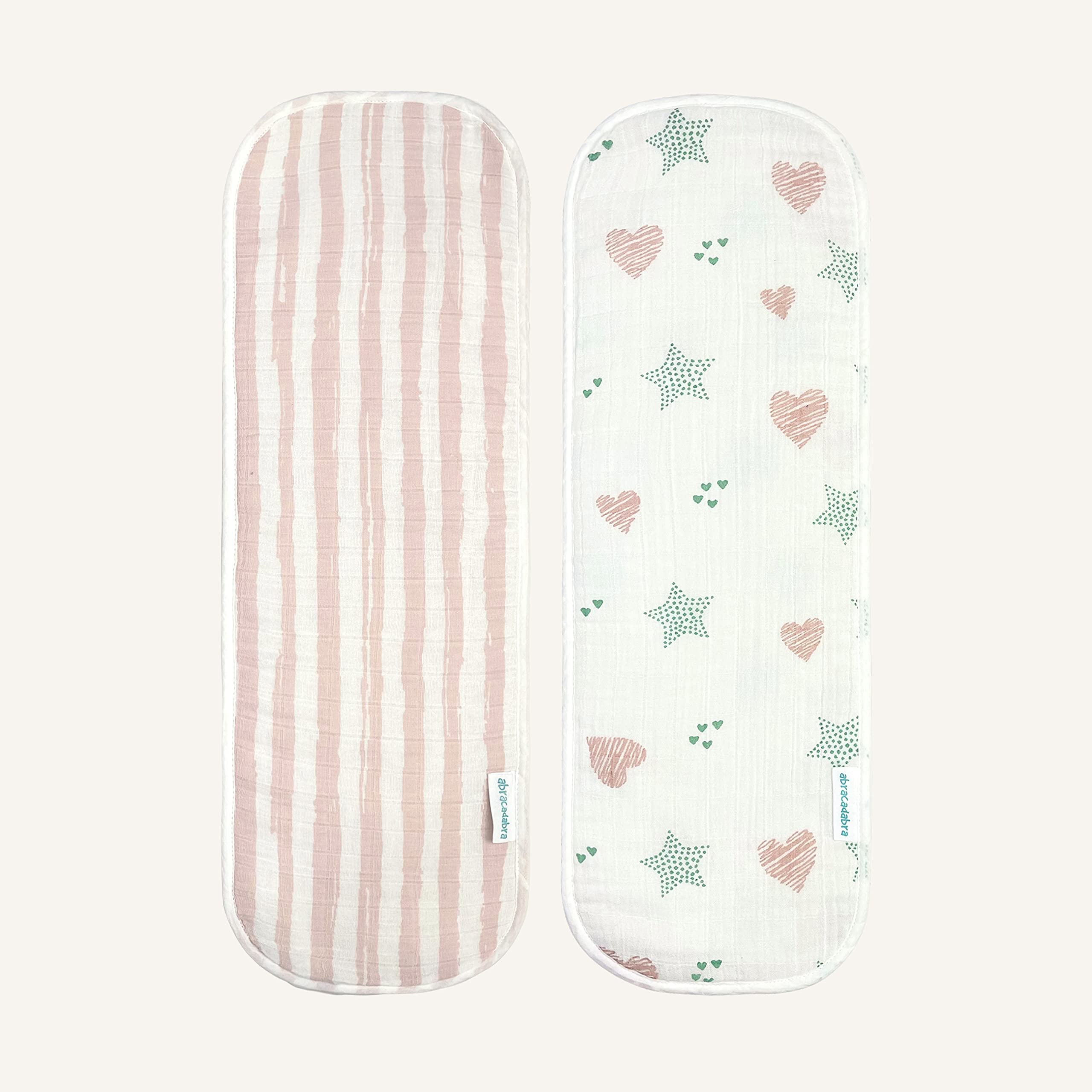 abracadabra Cotton Muslin Burp Cloth for Newborn Baby, Lightweight and Absorbent Reusable Napkins, 38 cm X 17 cm (Set of 2) - Stars & Hearts-image-3