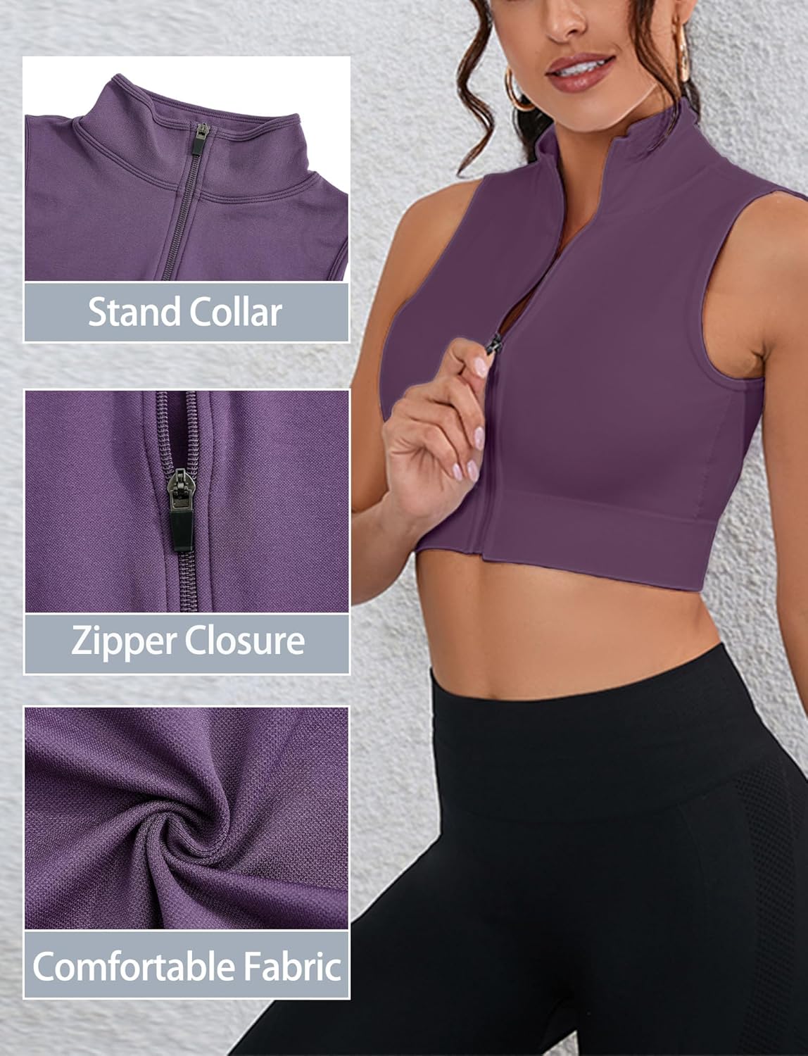 FEOYA Crop Tank Top for Women Full Zip Up Sleeveless Mock Neck Workout Yoga Gym Short Cropped Jacket 2025 - Image 4