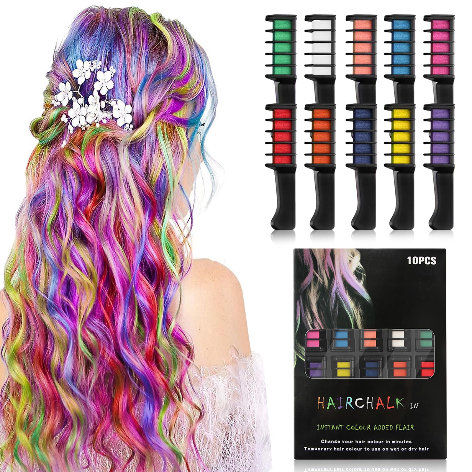 GENHY 10-Color Hair Chalk Comb Set, Washable Temporary Hair Dye Comb for Girls and Boys, Ideal for Birthdays, Christmas, Halloween, DIY Parties, and Cosplay