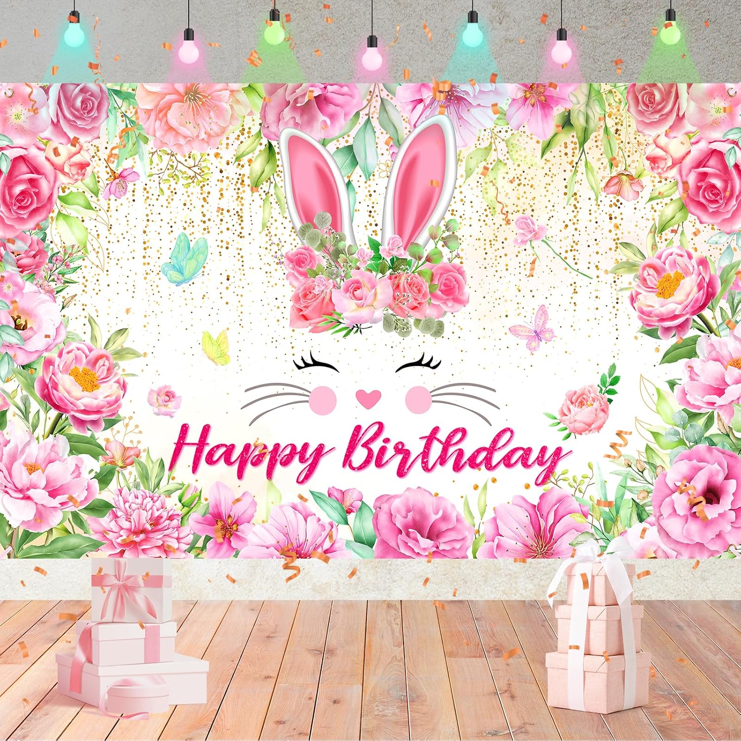 Bunny Birthday Banner Decorations for Girls,Easter Banner Pink Floral Rabbit Spring Background Photo Backdrop Poster Photography for Kid Bunny Easter Happy Birthday Party Supplies Decor Outdoor Indoor