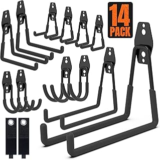 HUHOLE 14PC Garage Hooks Heavy Duty, Utility Garage Storage Hooks, Wall Mount Garage Hooks with Anti-Slip Coating for Hanging Ropes, Bikes, Ladders and Bulk Items