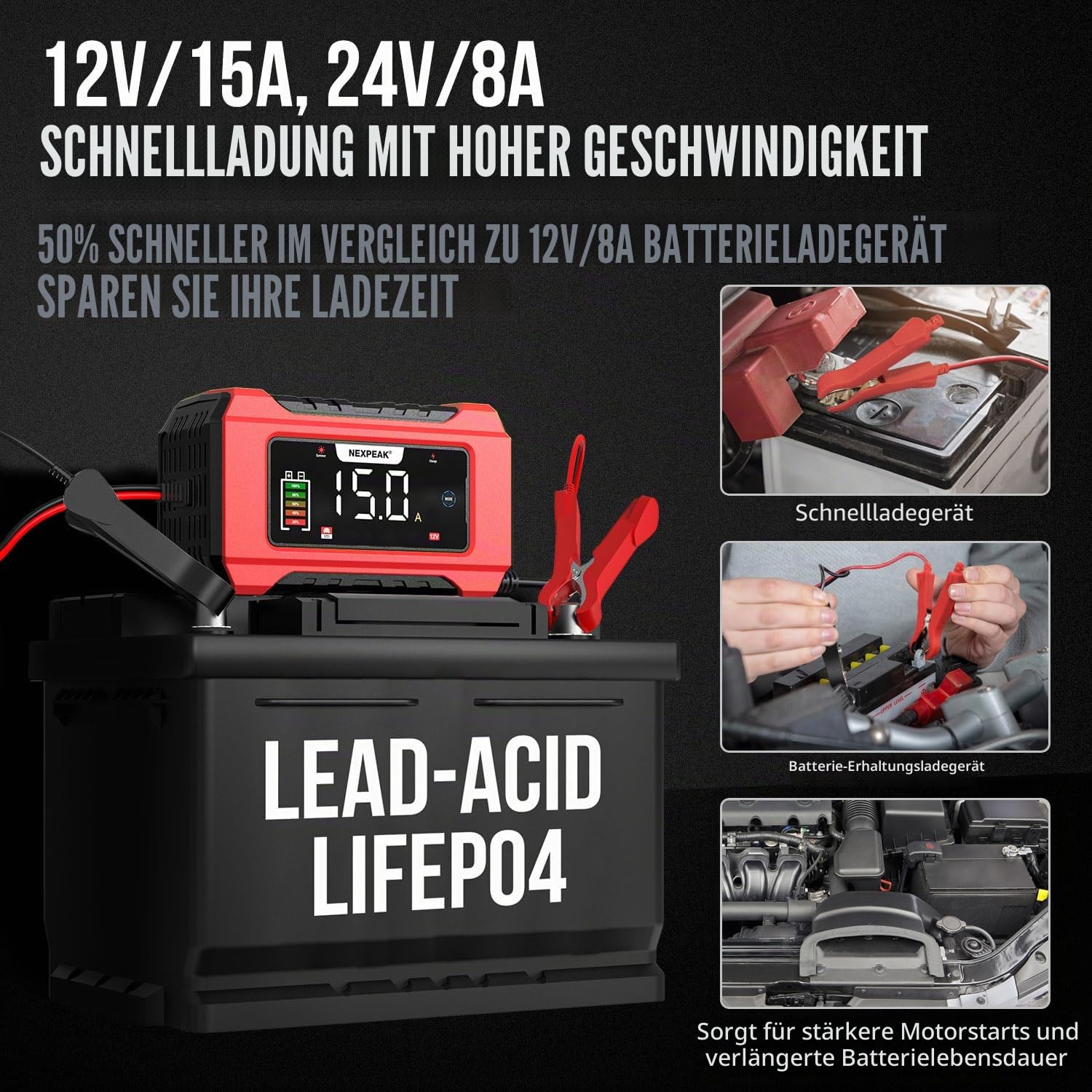 NEXPEAK NC215 15A Autobatterie Ladegerät, 12V 24V LiFePO4 Blei-Säure Tragbares Autobatterieladegerät 9-stufiges Intelligentes Batterieladegerät für Auto, LKW, Motorrad, Rasenmäher, Boot, Marine