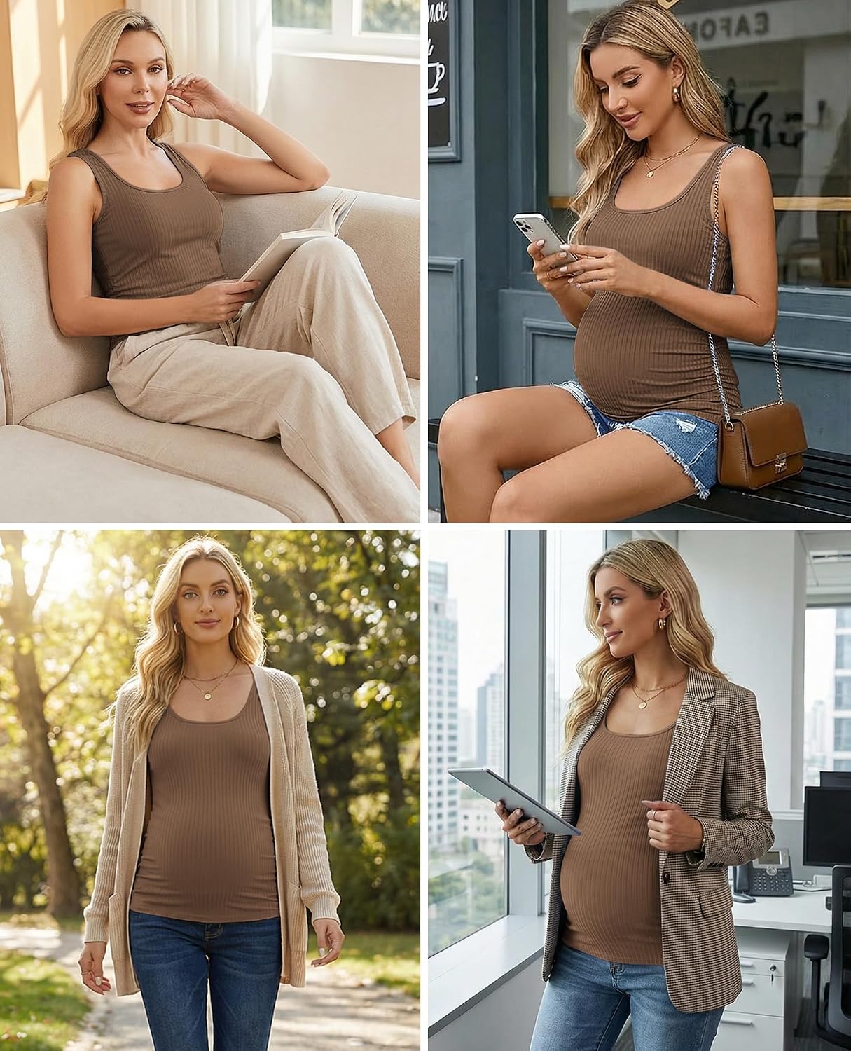 Ekouaer 4 Pack Maternity Tank Tops Ribbed Summer Pregnancy Shirts Ruch Side Tops Casual Square Neck Postpartum Clothes S-2XL thumbnail