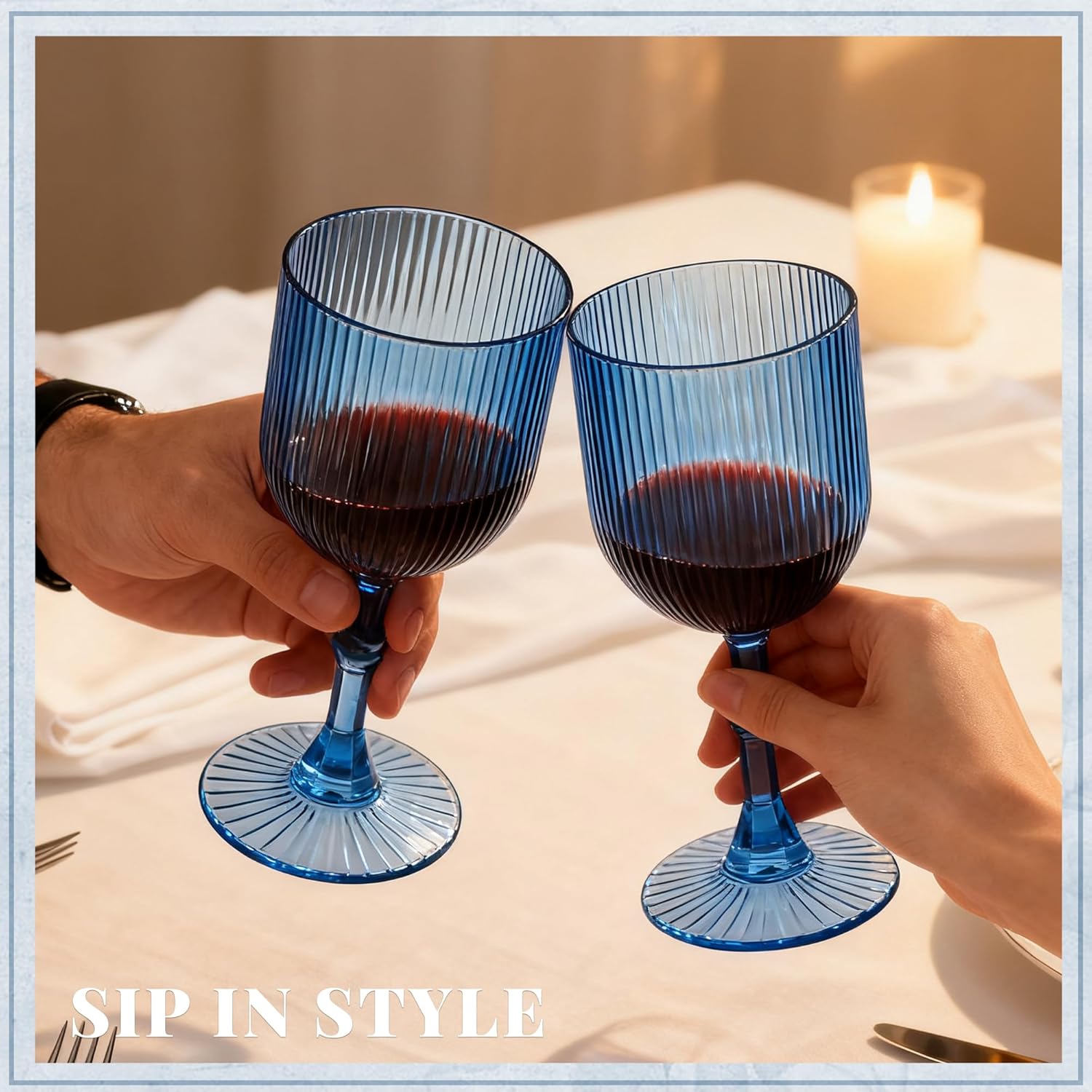 Plastic Wine Glasses 9oz Set, Ribbed Vintage Goblets Unbreakable Reusable BPA-Free Stemmed Drinking Glasses for Parties, Weddings & Events (Blue, 12pcs) - Image 4