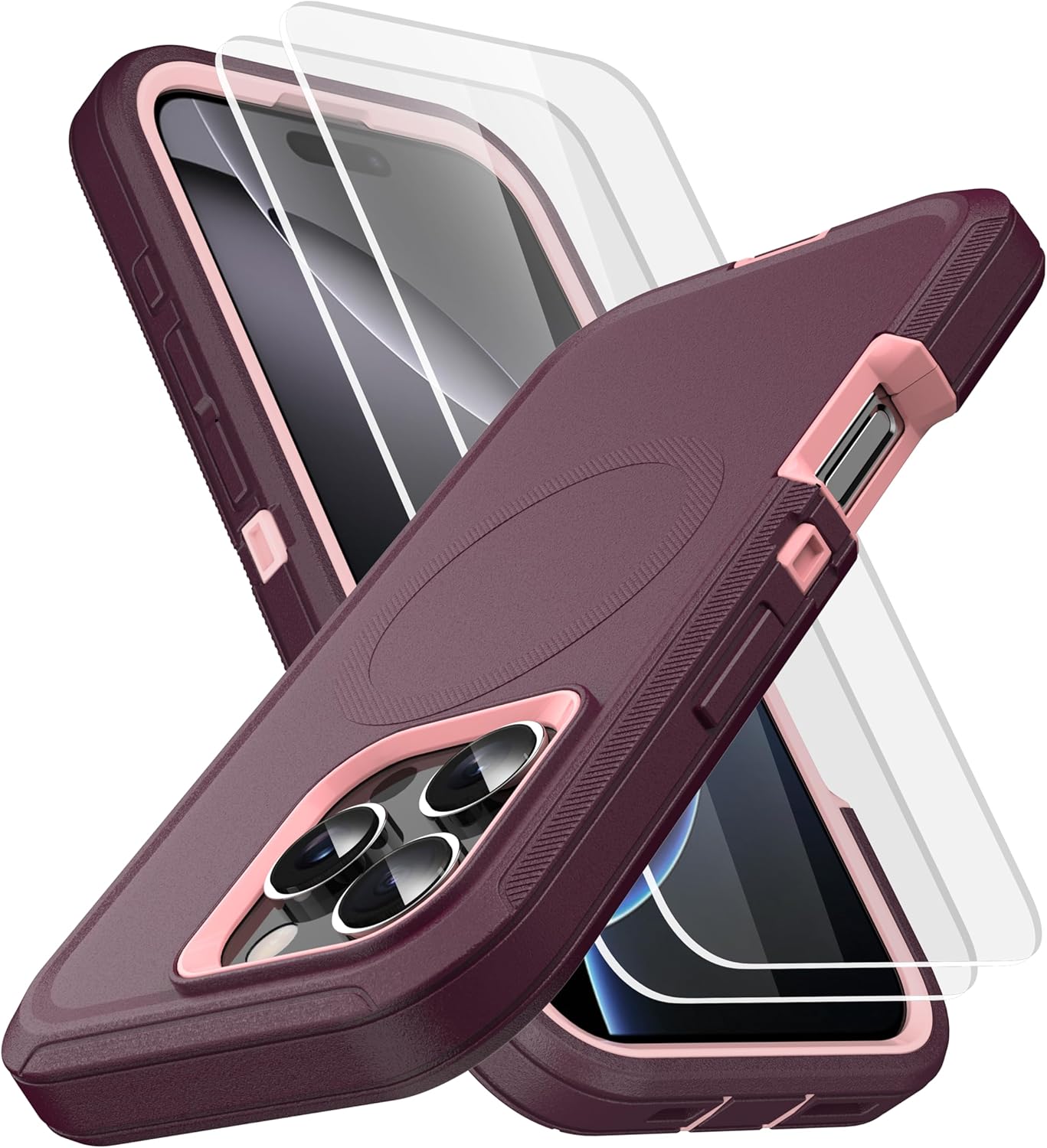 MXX for iPhone 16 Pro Max Case, Heavy Duty 3-Layer Rugged Cover with Tempered Glass Screen Protector, Shockproof Dustproof Full Body Protection (6.9") – Plum/Light Pink
