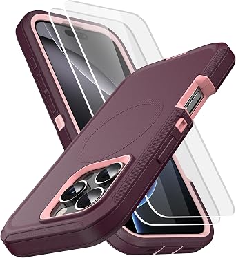 MXX for iPhone 16 Pro Max Case, Heavy Duty 3-Layer Rugged Cover with Tempered Glass Screen Protector, Shockproof Dustproof Full Body Protection 6.9" Plum/Light Pink