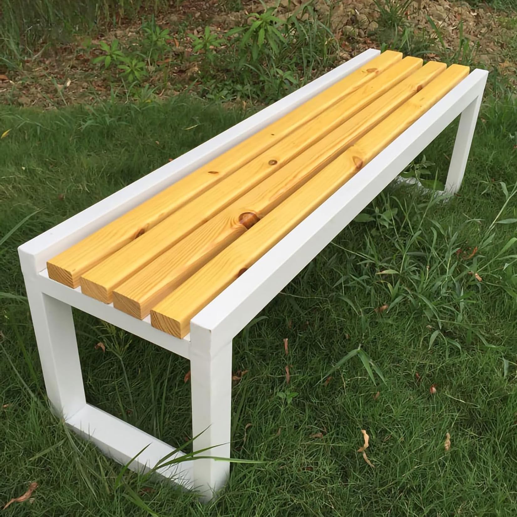 Hssnbkg Outdoor Garden Bench Metal Park Benches, 2-3 Person Seat Loveseat Chairs Patio Chair,for Yard Porch Lawn Balcony Backyard Seat Furnitu(100×40×45cm-White+Wood)