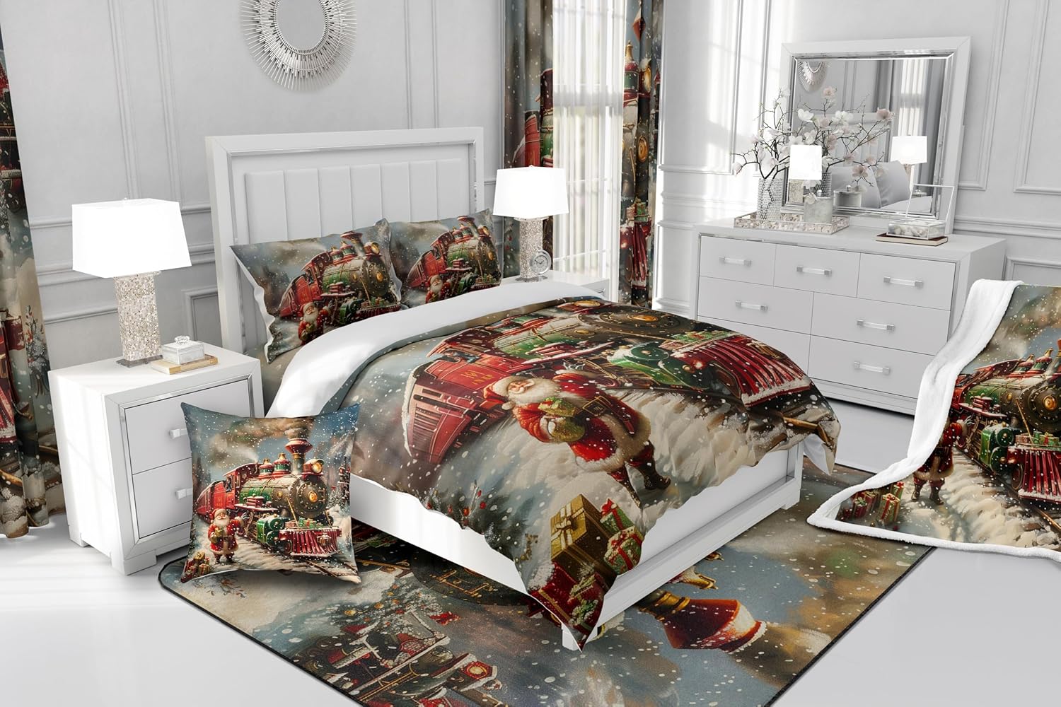 Retro Train Kids Duvet Cover Set King Size,Snowflake Merry Christmas Santa Claus Bedding Set,Girls Boys Women Room Decor,Choochoo Steam Locomotive Country Quilt Cover,2 Pillowcases(No Comforter)