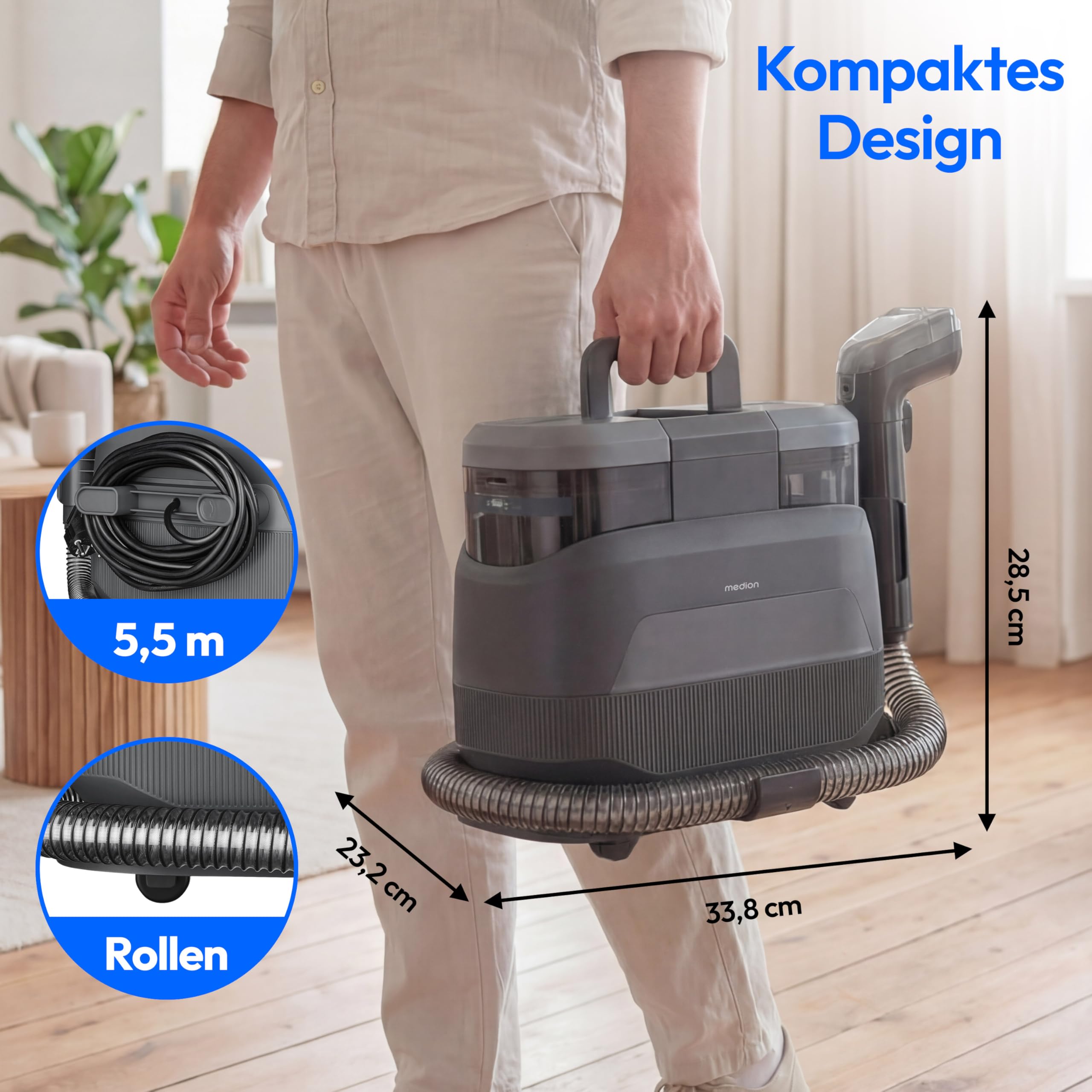 MEDION X10 UC Polsterreiniger Gerät Waschsauger (Nasssauger für Polster Teppiche Autositze, 1.650 Watt, Kaltwasser Heißwasser Dampf, Frisch und Schmutzwassertank, Fenster-Aufsatz, MD100123)