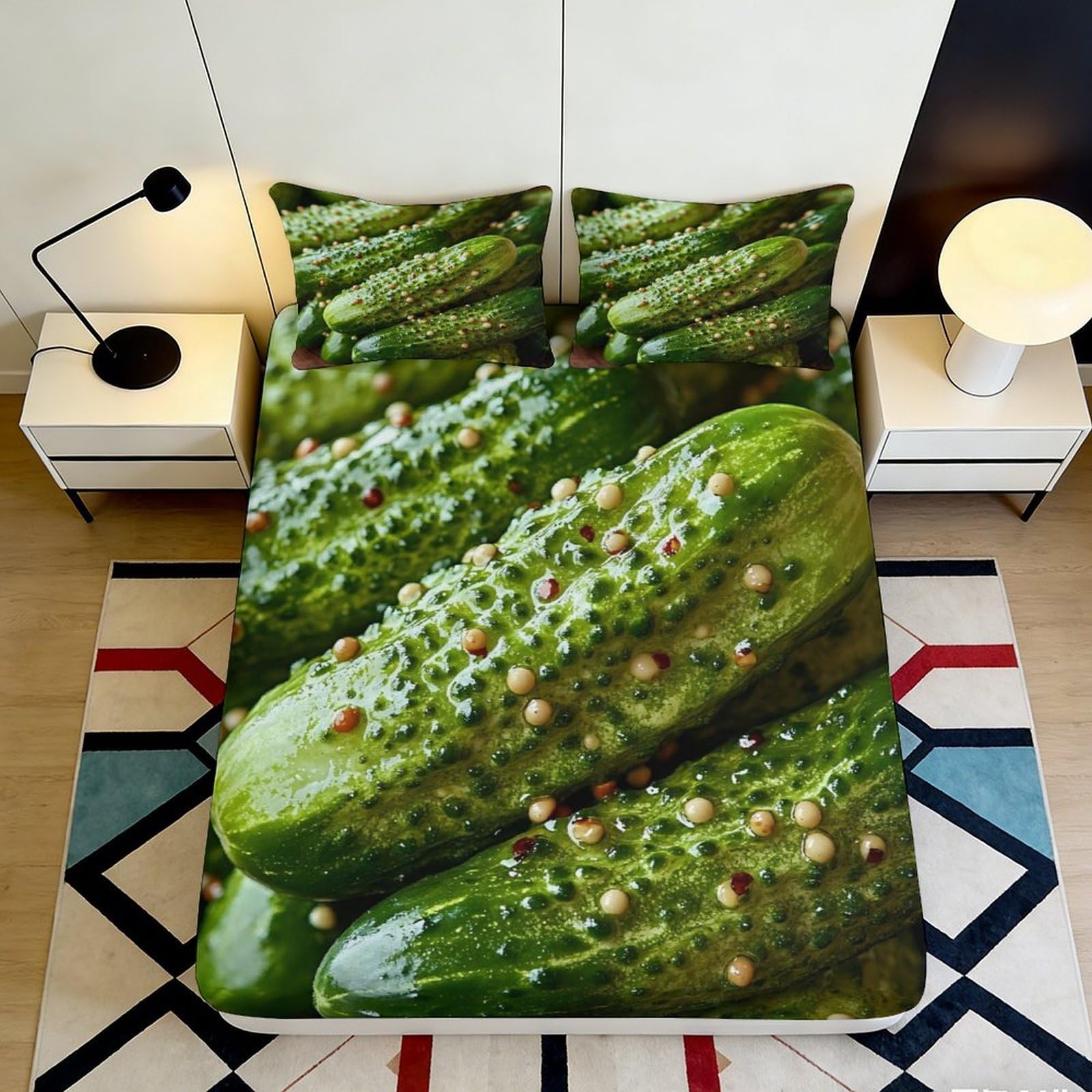 3D Printed Pickle Pattern Fitted Sheet Microfiber Soft Green Cucumber Bed Cover for Bedroom Guest Room Decor 90x200x25cm