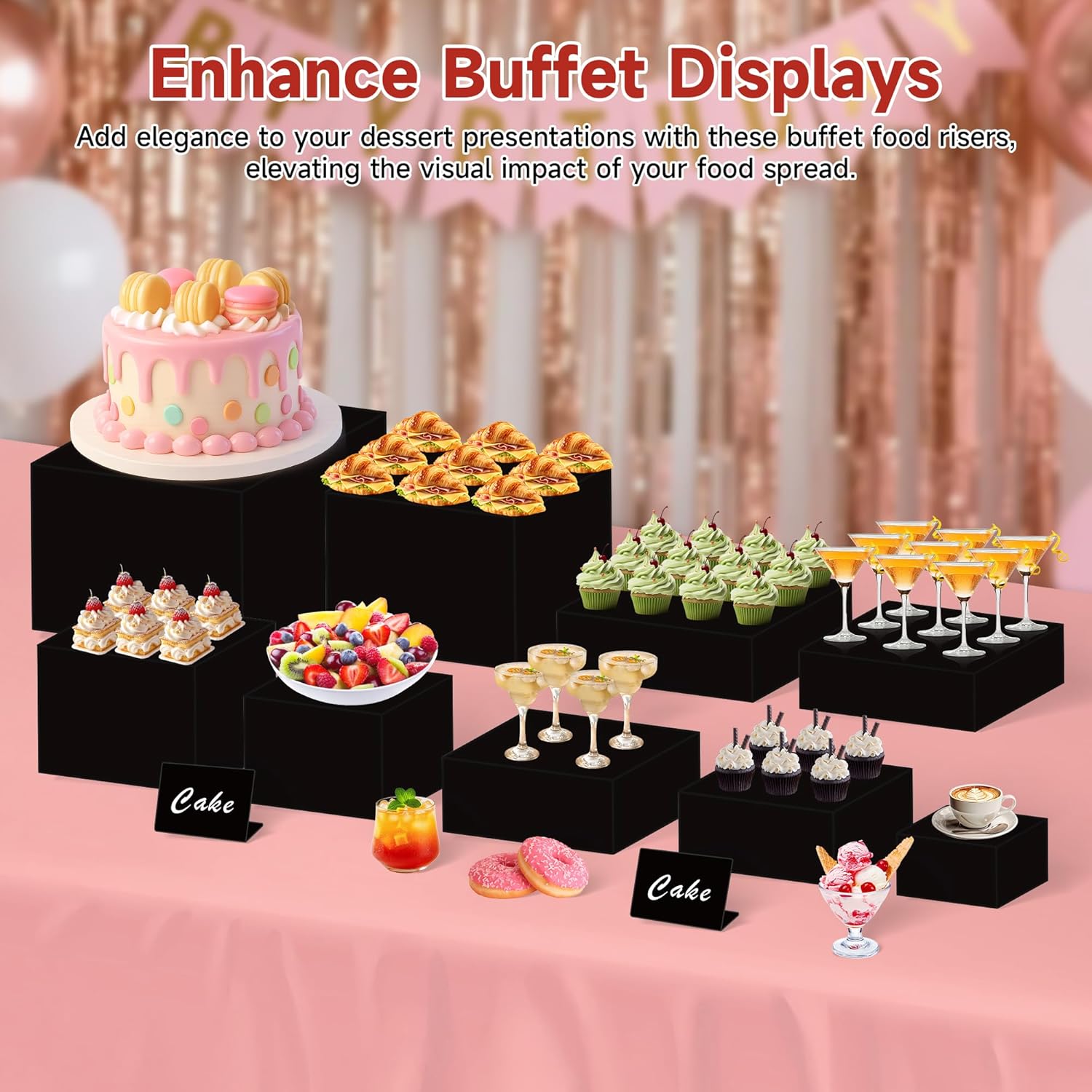 frtzal 6PCS Food Risers for Buffet Table Display Stand for Catering Dessert Matte black Cube Boxes Nesting Risers with Hollow Bottoms (Black, M-5,6,7,8,9,10)