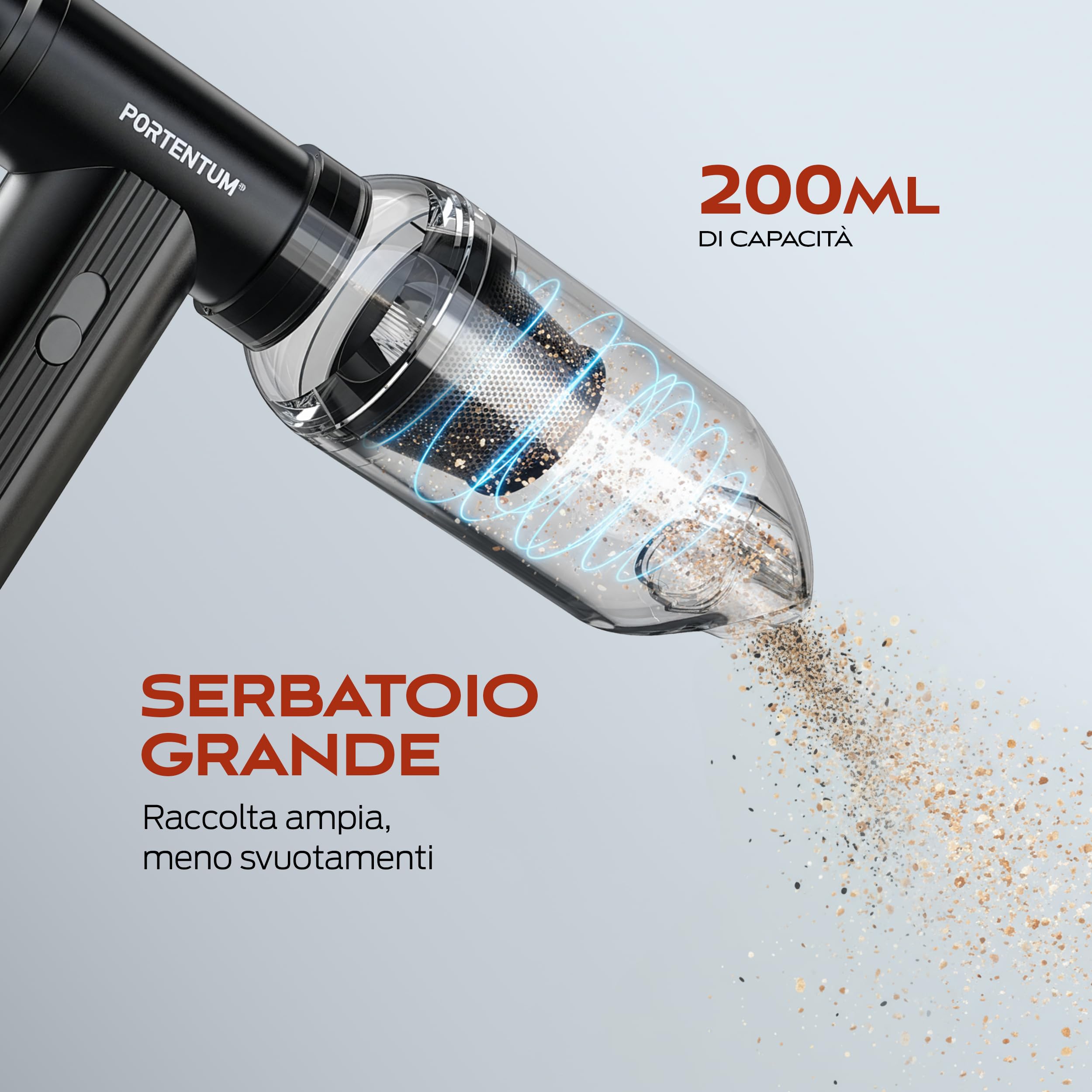 PORTENTUM 2 in 1 Mini Aspirabriciole senza fili 25 kPa – Batteria 10000 mAh fino a 135 min USB-C – Aria compressa elettrico 180 km/h brushless – Aspirapolvere auto a velocità regolabile – Set da 11