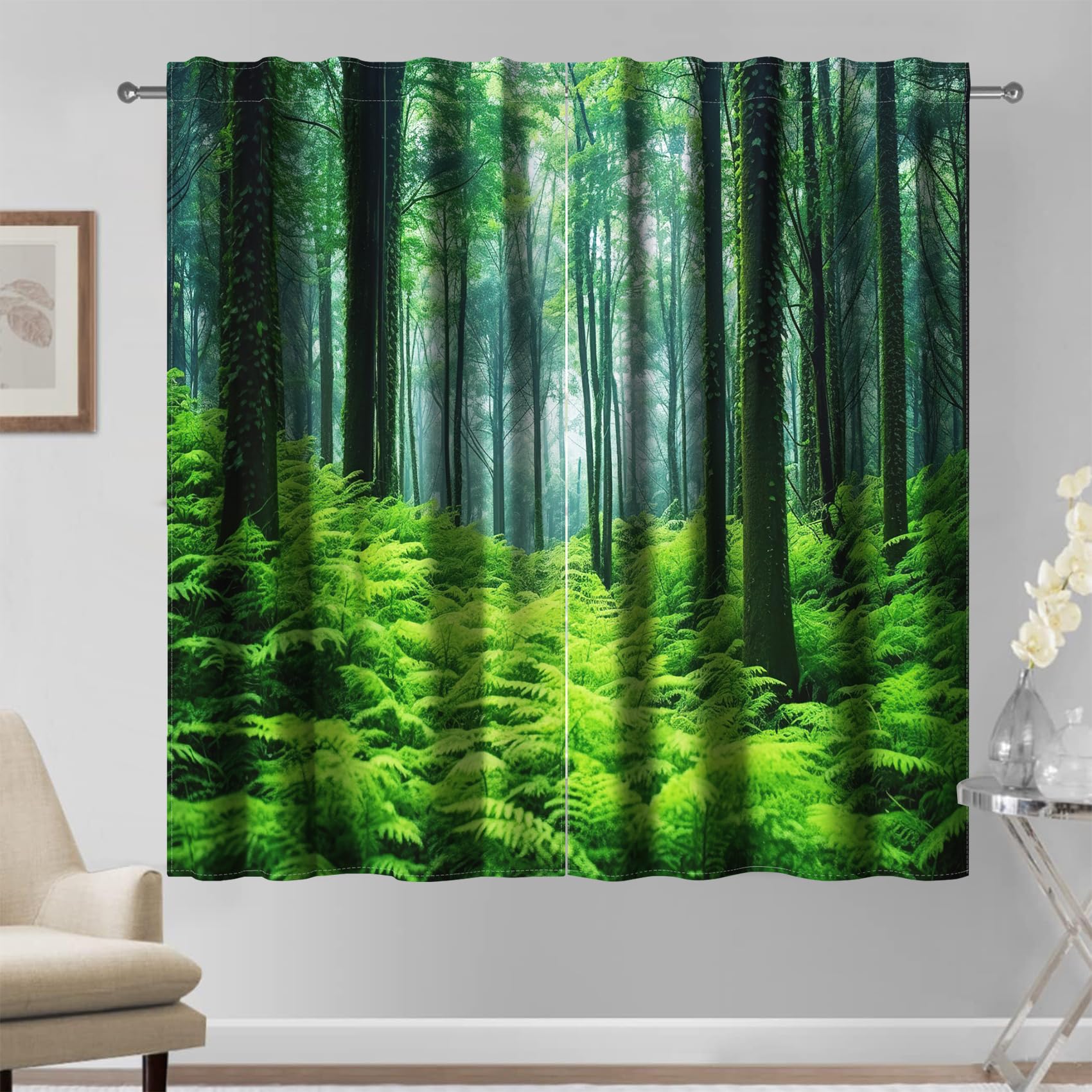 Kzzfqxb 132×214cm Forest Curtains 2 Panels, Lush Trees Luxuriant Bushes Shrubs Green Forest Jungle Tropical Rainforest Woodland Drapes for Living Room Bedroom, Green and Fresh — image 1