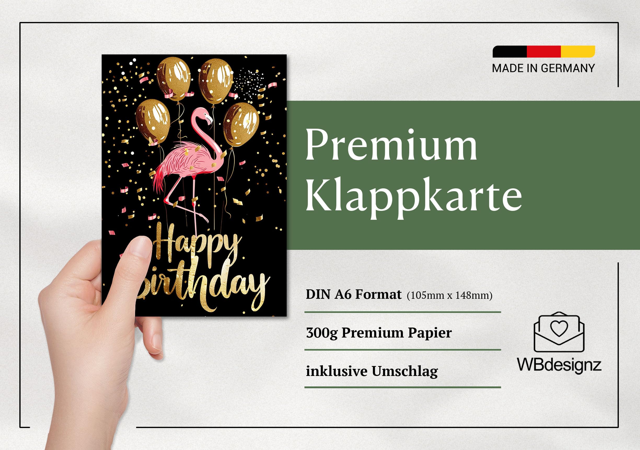 Biglietto Di Compleanno Di Lusso WBdesignz Con Fenicottero - Nero, Oro E Palloncini - Busta In Carta Kraft Inclusa