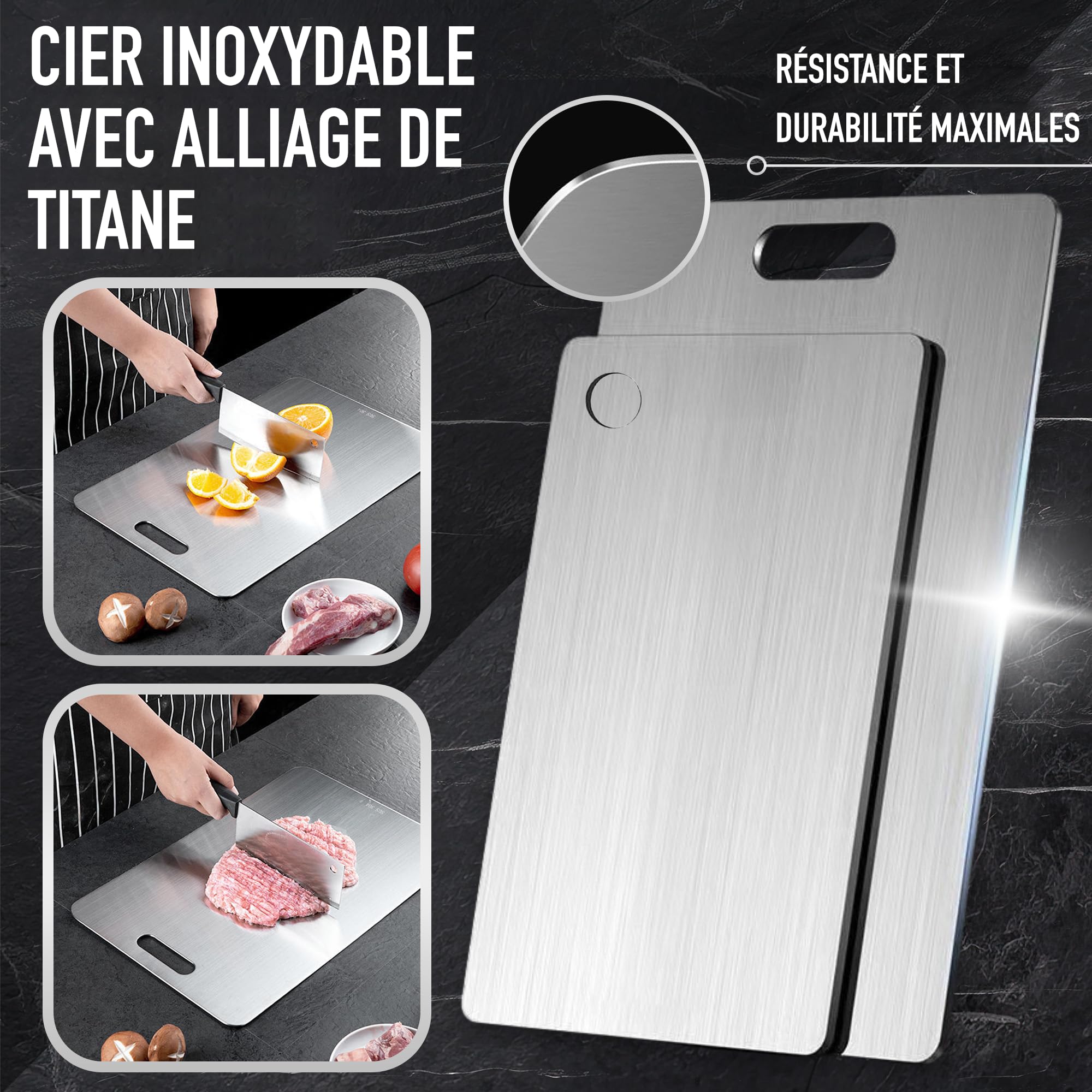 PACK 3 Planche à Découper en Acier Inoxydable SUS316/SUS304 avec Revêtement Titane + Crochets et Chiffons de Nettoyage - Antibacterien, Reversible et Resistant | 3-Stars