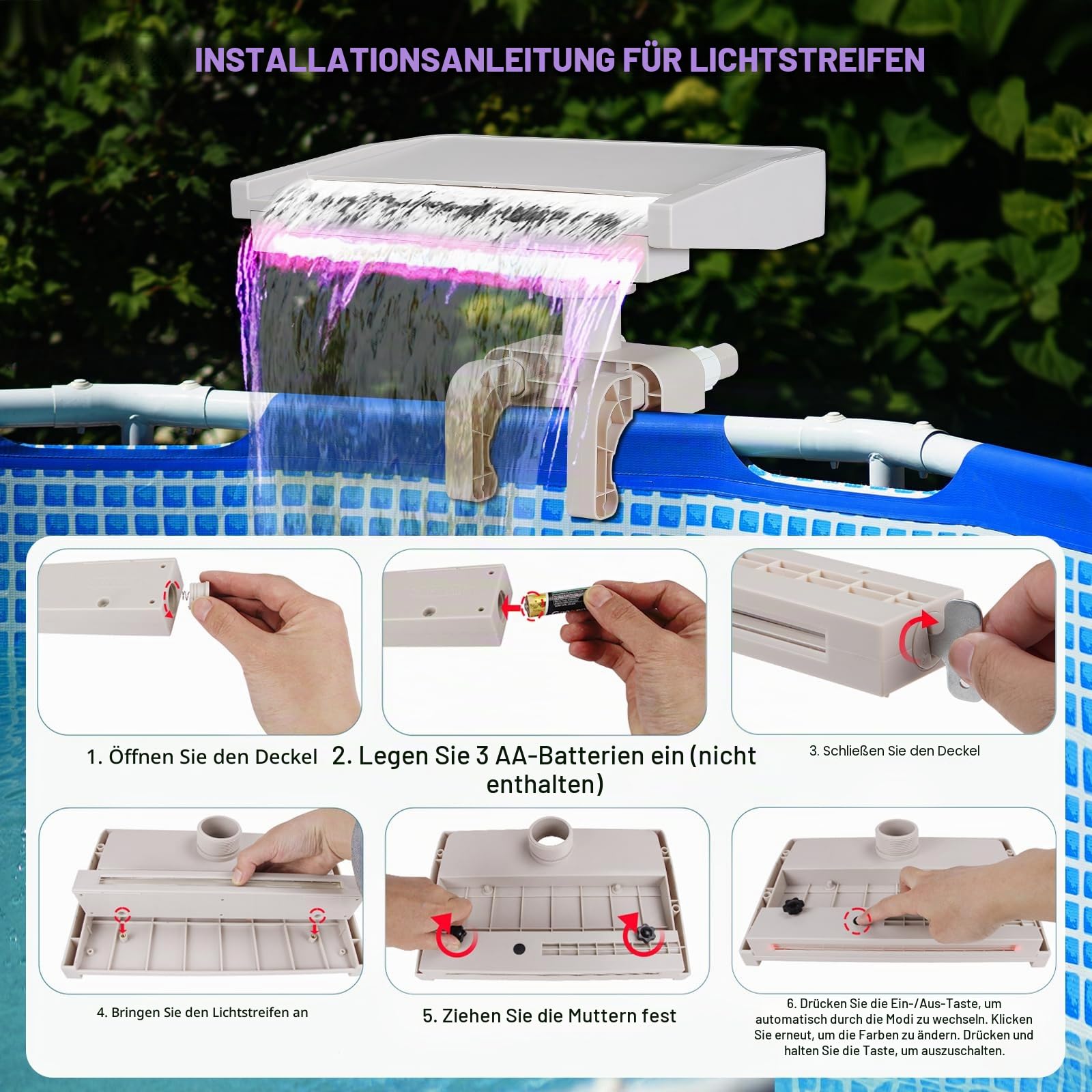 Poolbrunnen Wasserfall für oberirdische Pools, Schwimmbad Aufsatz Zubehör, mit 7 LED-Licht