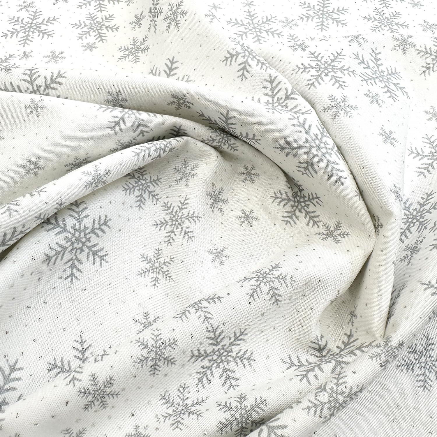 Glamour Secrets White Christmas Fabric - Silver Glitter Snowflakes On - Cotton Craft Fabric Material Metre