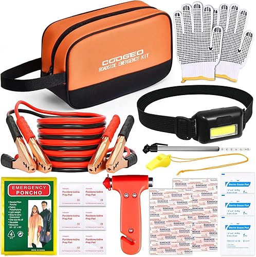 Kit de emergencia para automóvil con cables de puente, accesorios de automóvil para hombres, kit de seguridad de asistencia incluye martillo de