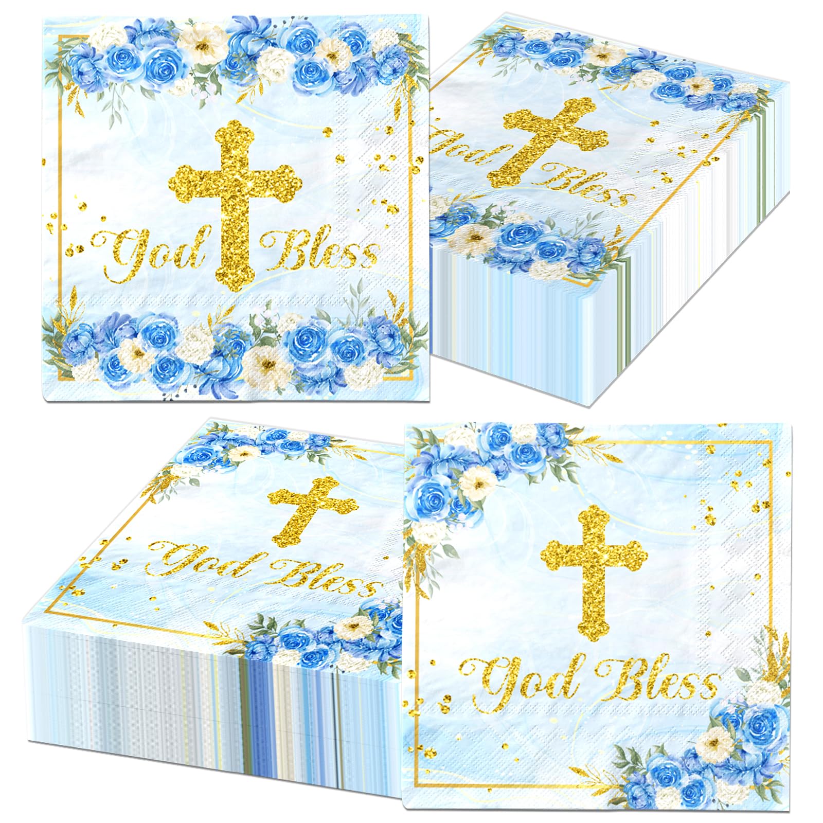 First Communion Napkins for Boys Blue White Party Decorations God Bless Mi Bautizo Napkins Cross Religious Paper Napkins for Boys Girls Celebration Baby Shower Party Supplies