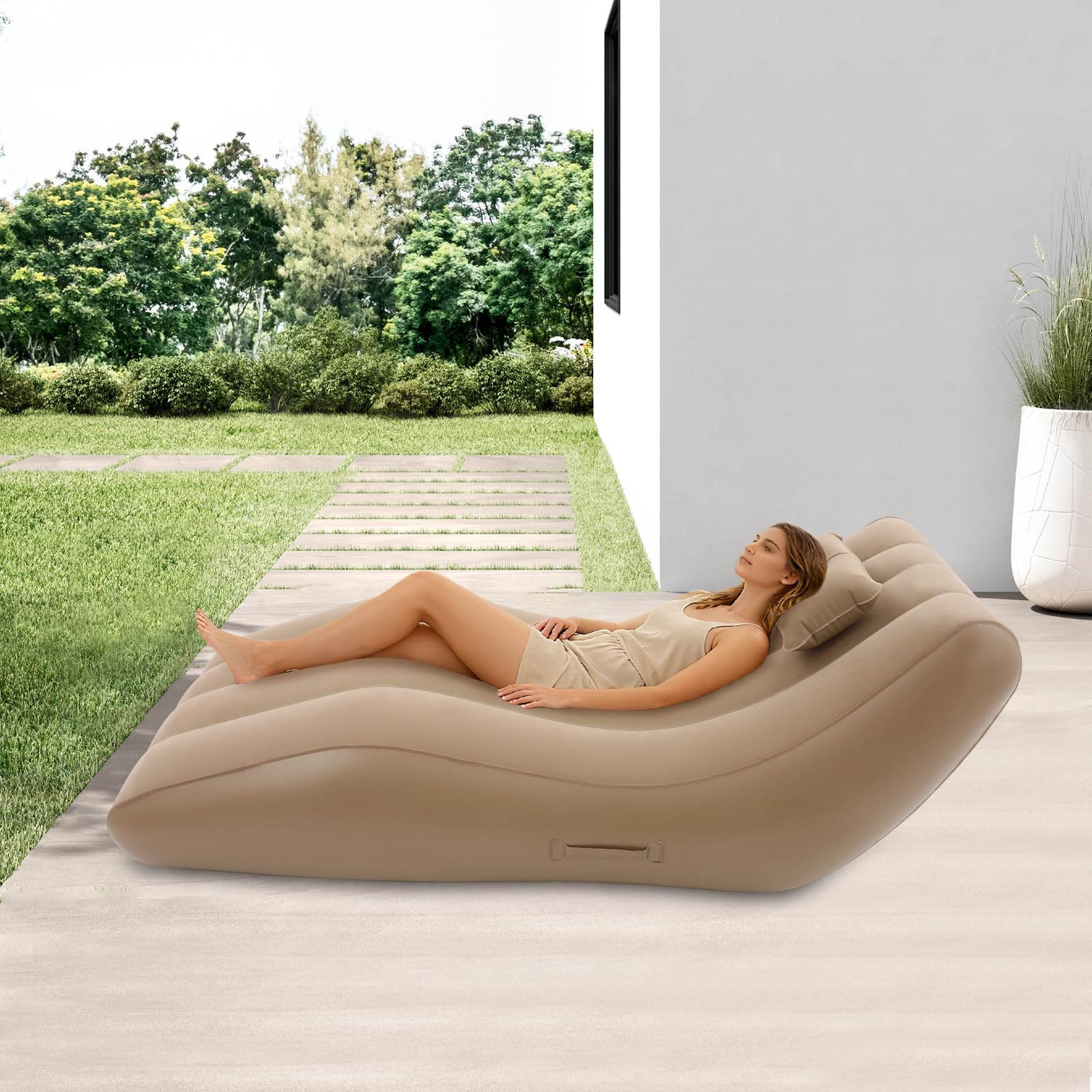 Nadmuchiwana sofa, przenośna, nadmuchiwana sofa kempingowa z pompką, flokowana powierzchnia, sofa dmuchana do użytku wewnątrz i na zewnątrz, do 100 kg, 180 x 80 x 70 cm