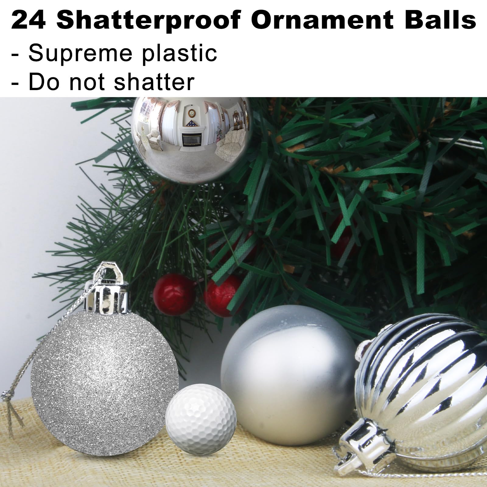 Lot de 24 grandes boules de Noël incassables à suspendre pour anniversaire, Saint-Valentin, Pâques, Mardi Gras, vacances, mariage Argenté 8,1 cm