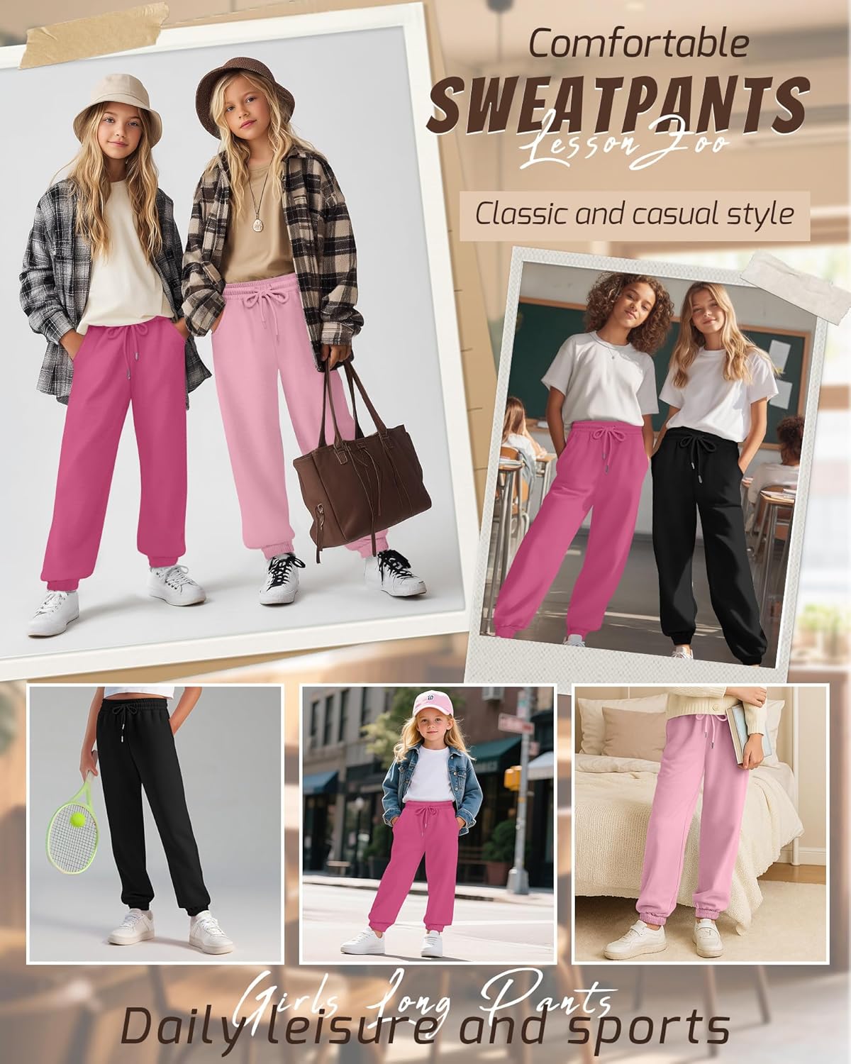 3 Pack Girls Sweatpants Drawstring Wide Leg Baggy Sweat Pants High Waist Active Joggers for Kids with Pockets 5-14Y(Black, Rose Red, Pink,7-8 Years)