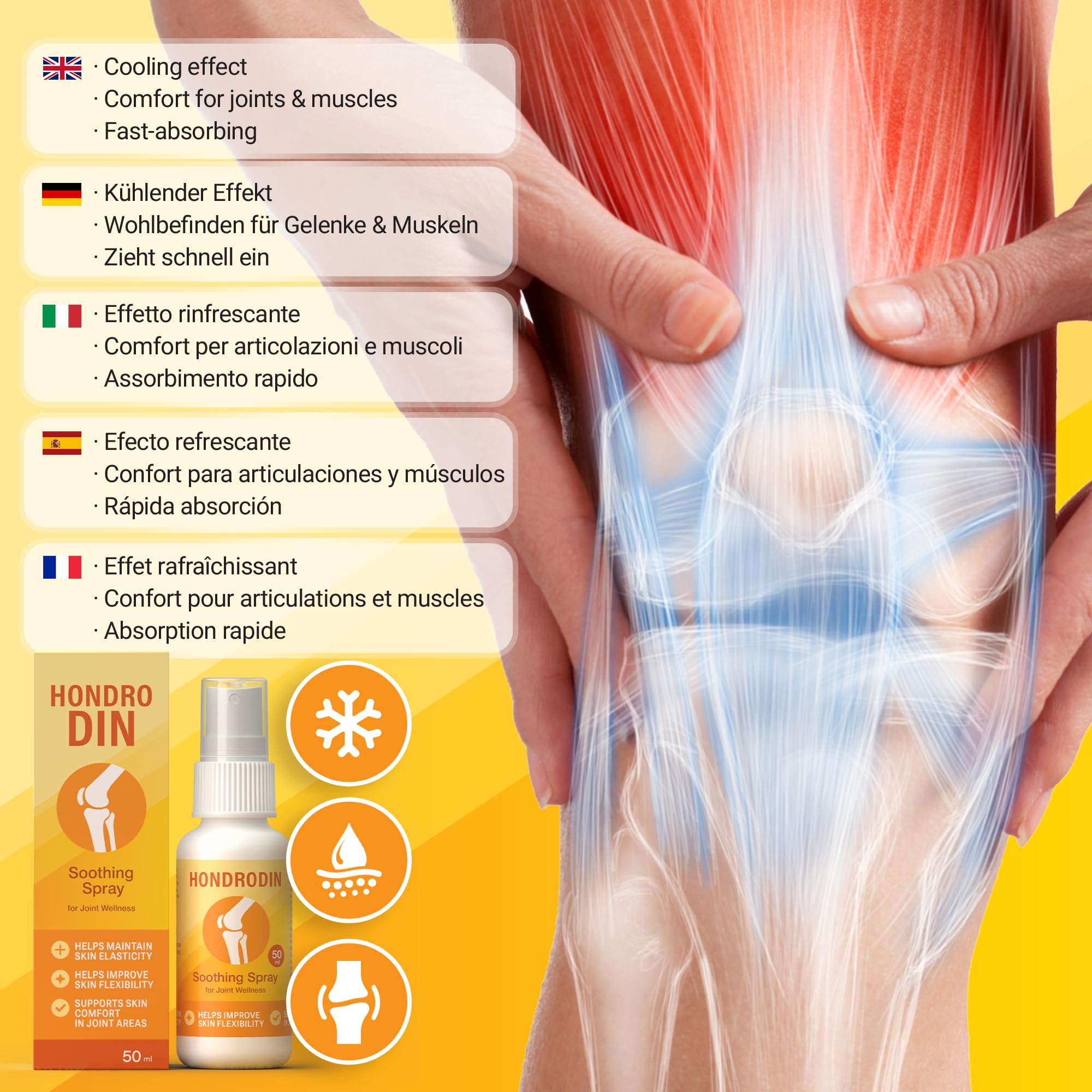 HONDRODIN Joint Health Spray 50 ml, spray massaggiante per zone articolari, supporta il comfort della pelle, aiuta a mantenere l'elasticità e la flessibilità cutanea, assorbimento rapido
