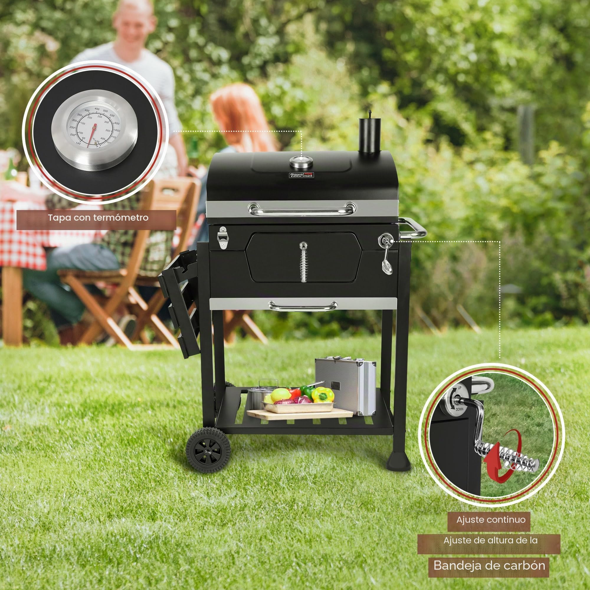 Royal Gourmet Barbacoa de carbón vegetal, barbacoa ahumadora, barbacoa de camping, carbón vegetal, exterior, parrilla de jardín, superficie de la parrilla, 59 x 42 cm, color negro