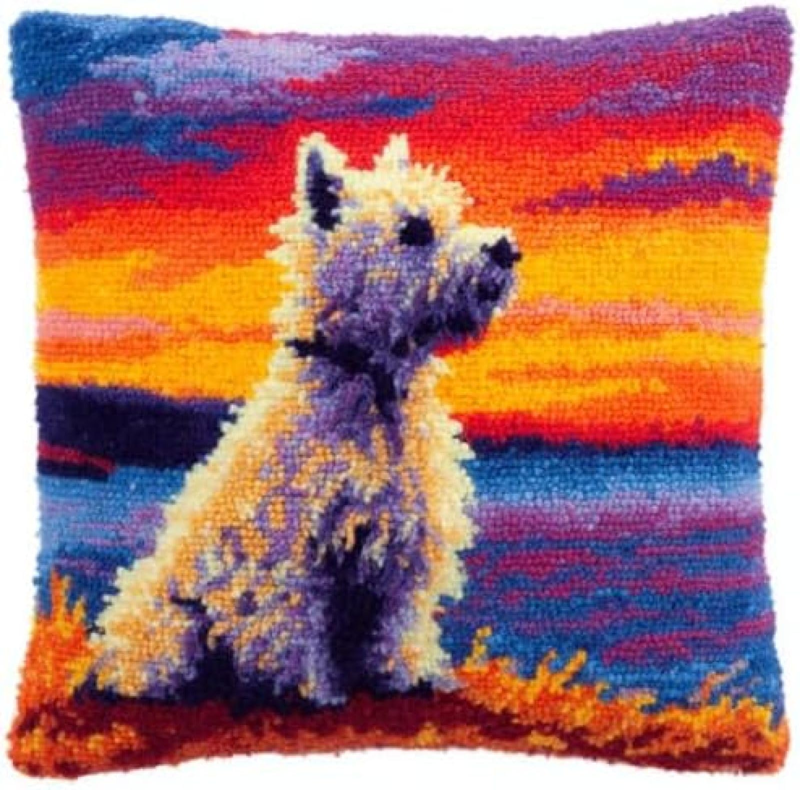 kitphoenix Latch Hook Cushion Cover Kit for Adults Beginners,Cairn Terrier Dog Sit and Sunset,DIY Pillow Cover Making Kit with Pre-Cut Yarn,Pre-Printed Canvas and Hook,43x43 cm Craft Hobby Gift