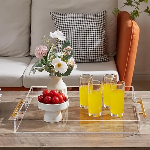 Miniatura 5 de Bandeja grande de acrílico transparente para servir (16 x 18 pulgadas) con asas doradas, bandeja decorativa acrílica a prueba de derrames,