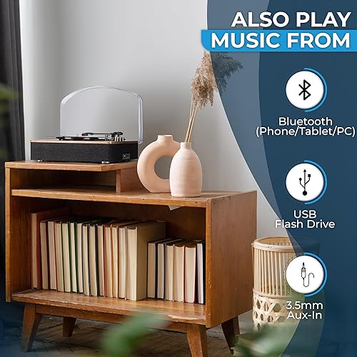 Miniatura 3 de SoundBeast Tocadiscos retro de madera con reproductor de discos de vinilo de 3 velocidades, altavoces estéreo incorporados, Bluetooth, entrada