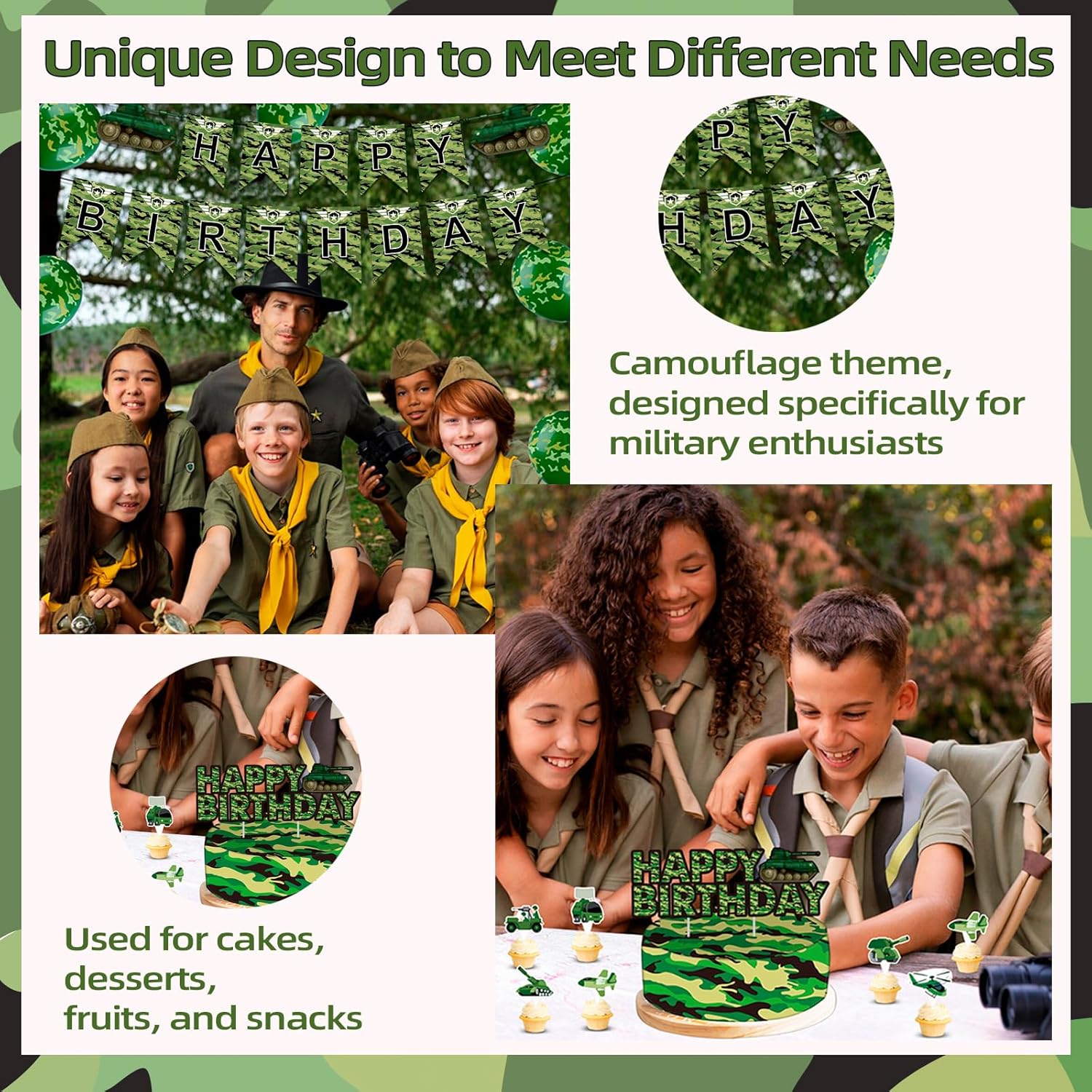 ミリタリー迷彩テーマ用品 誕生日パーティーデコレーションセット 誕生日フラッグ ケーキインサート ラテックスバルーン ペーパーカップ