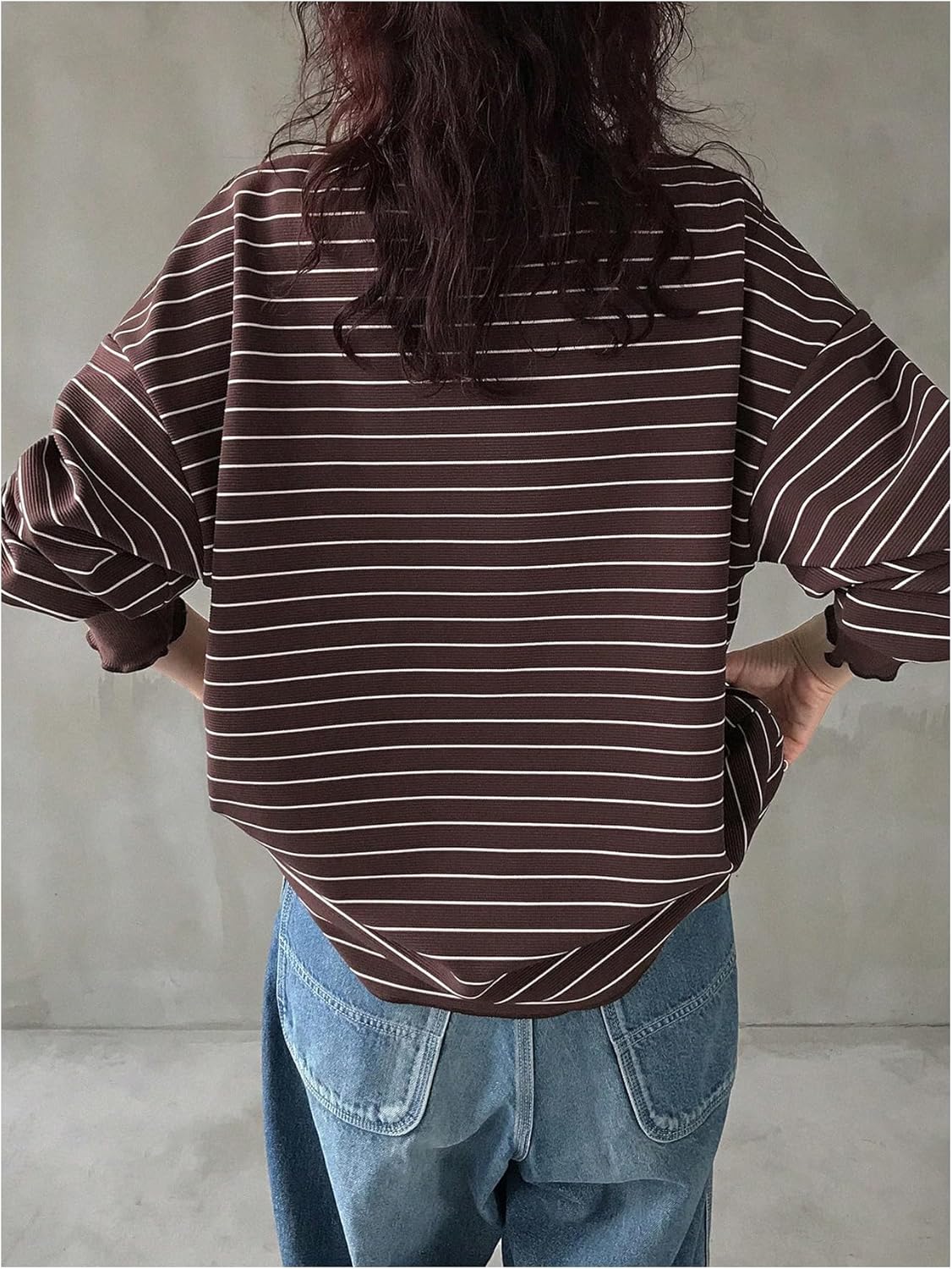 Women's Oversized Striped Tshirts Button Up Long Sleeve Top Crewneck Drop Shoulder Tee - Image 3