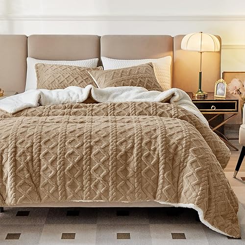 Joyreap Juego de edredón de 3 piezas de sherpa de piel sintética esponjosa, color café, juego de edredón de lujo tamaño Queen, juego de edredón de