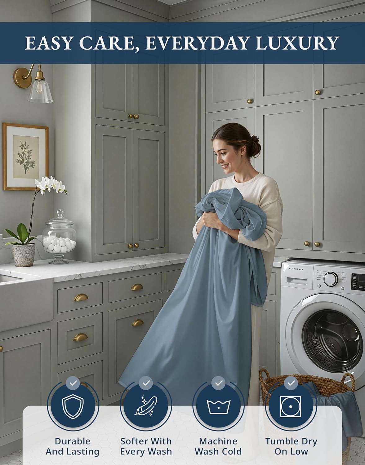 LANE LINEN 100% Egyptian Twin XL Sheets Set, Soft & Comfy Thick Fully Elasticized Mercerized Cotton Twin Extra Long Sheet Set, No Pill Fade Resistant Elegant Twin XL Bed Sheets - French Blue - Image 8