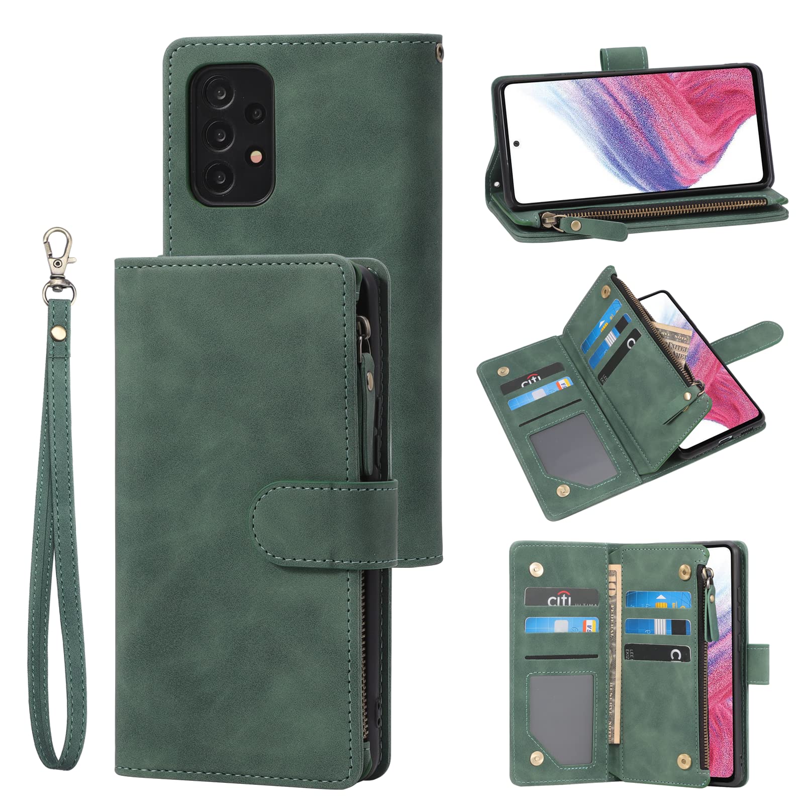 RANYOK Compatible with Galaxy A53 5G Wallet Case, Premium PU Leather Zipper Folio RFID Blocking with Card Slot Wrist Strap Magnetic Closure Kickstand Protective Phone Case for A53 (Black Green)