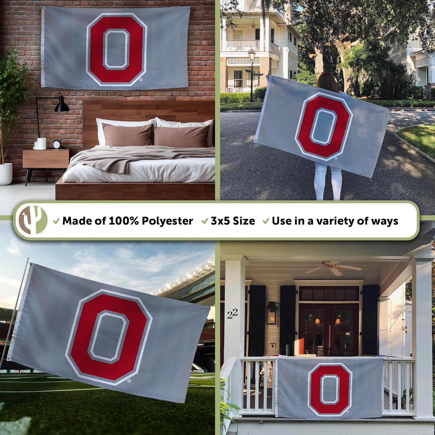 Desert Cactus Ohio State University OSU Flag - 3 x 5 Feet Buckeyes Banner, Indoor/Outdoor Durable Fabric, 100% Polyester Design (Style 4) - Image 3