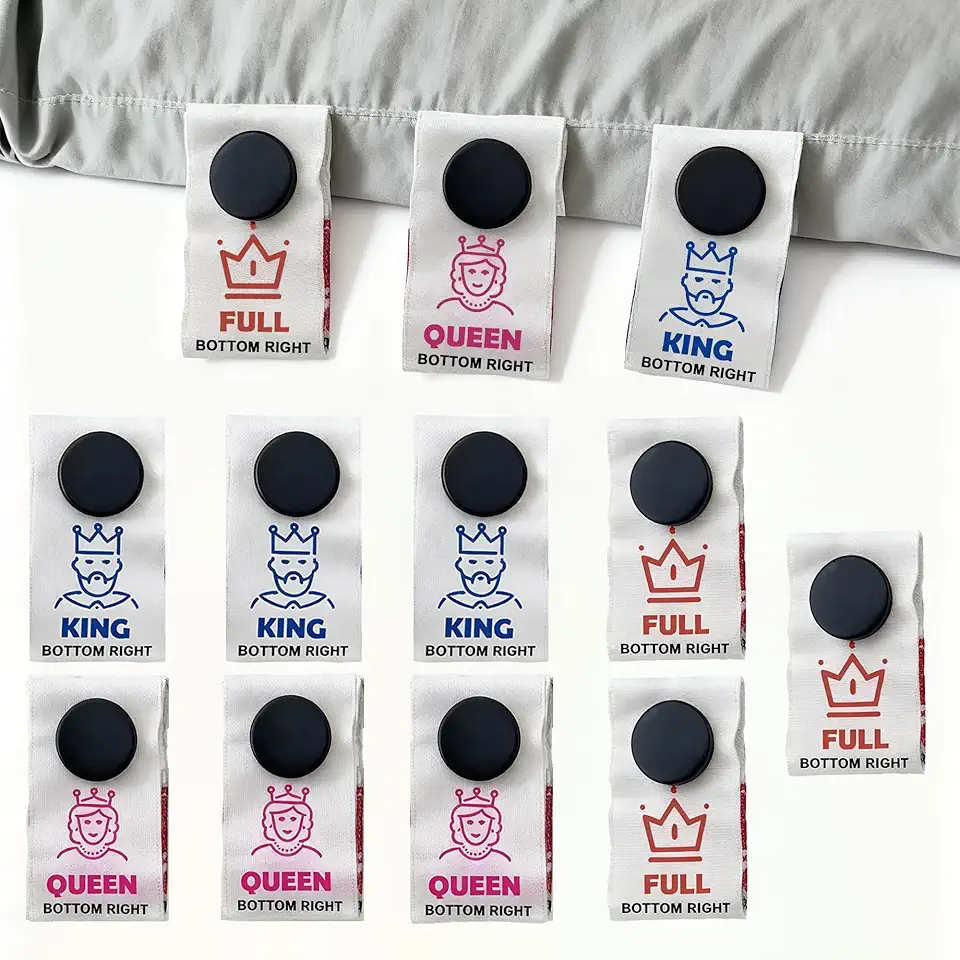 Pacote com 9 etiquetas de lençol de cama, etiquetas de lençol para cama, suportes de lençol para etiquetas, prendedores de lençol de cama coloridas etiquetas de encaixe para king, casal e Queen