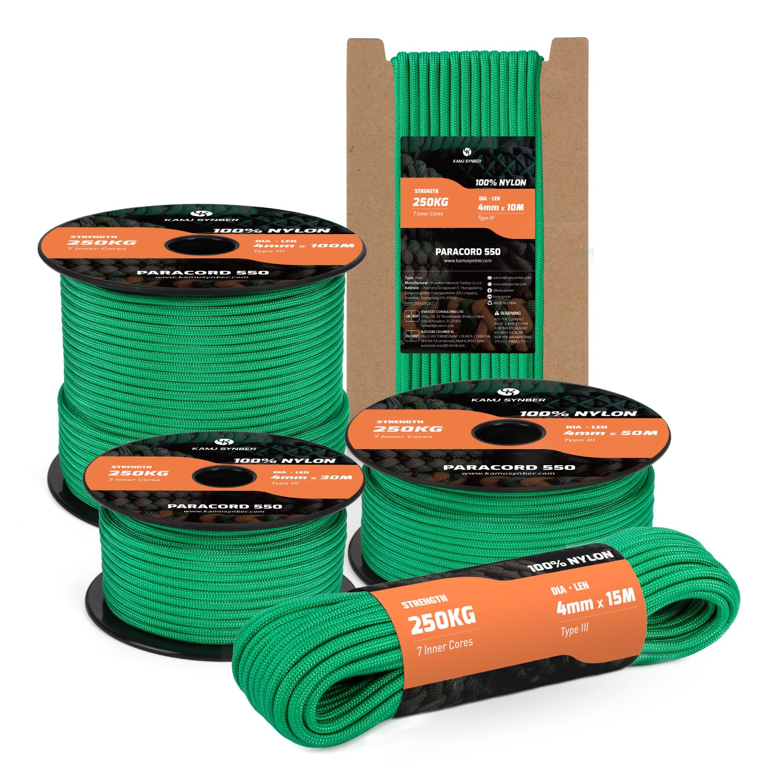 Kamu Synber 550 Paracord 4mm 10m Type III 7 Strands 100% Nylon Rope Parachute Cord Ideal for Crafting, DIY, Camping, Survival, Outdoor | Support 250kg | Jade Green