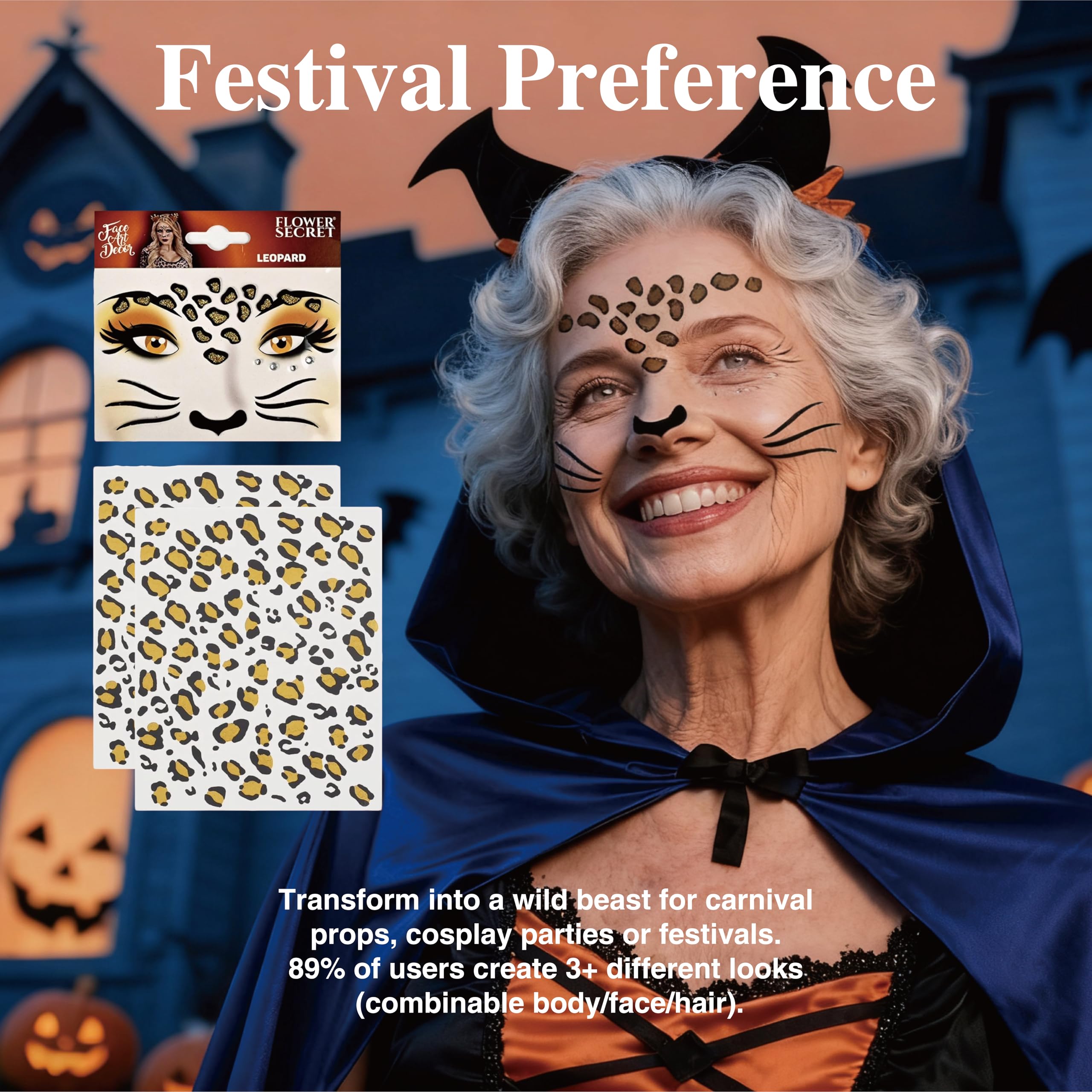 Pack De 2 Hojas De Tatuajes Temporales De Leopardo Ruvan, Para Cara Y Cuerpo, Resistentes 12h, Ideales Para Disfraces Y Carnaval