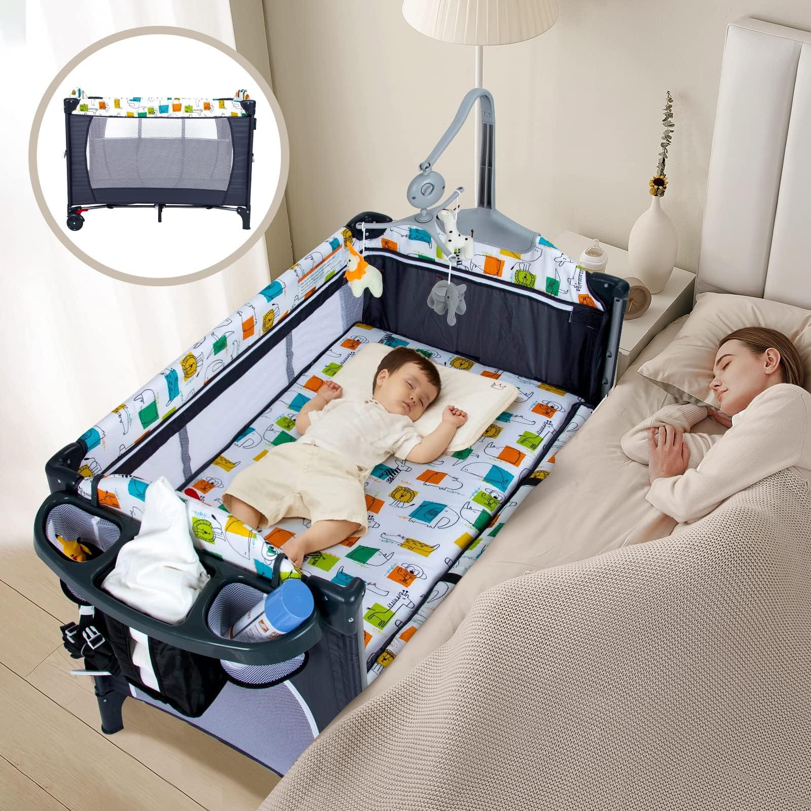 5-in-1 Pack and Play, Portable Baby Bassinet Bedside Crib with Mattress, Diaper Changing Table, Playard and Music Box, Bedside Sleeper from Newborn to Toddles