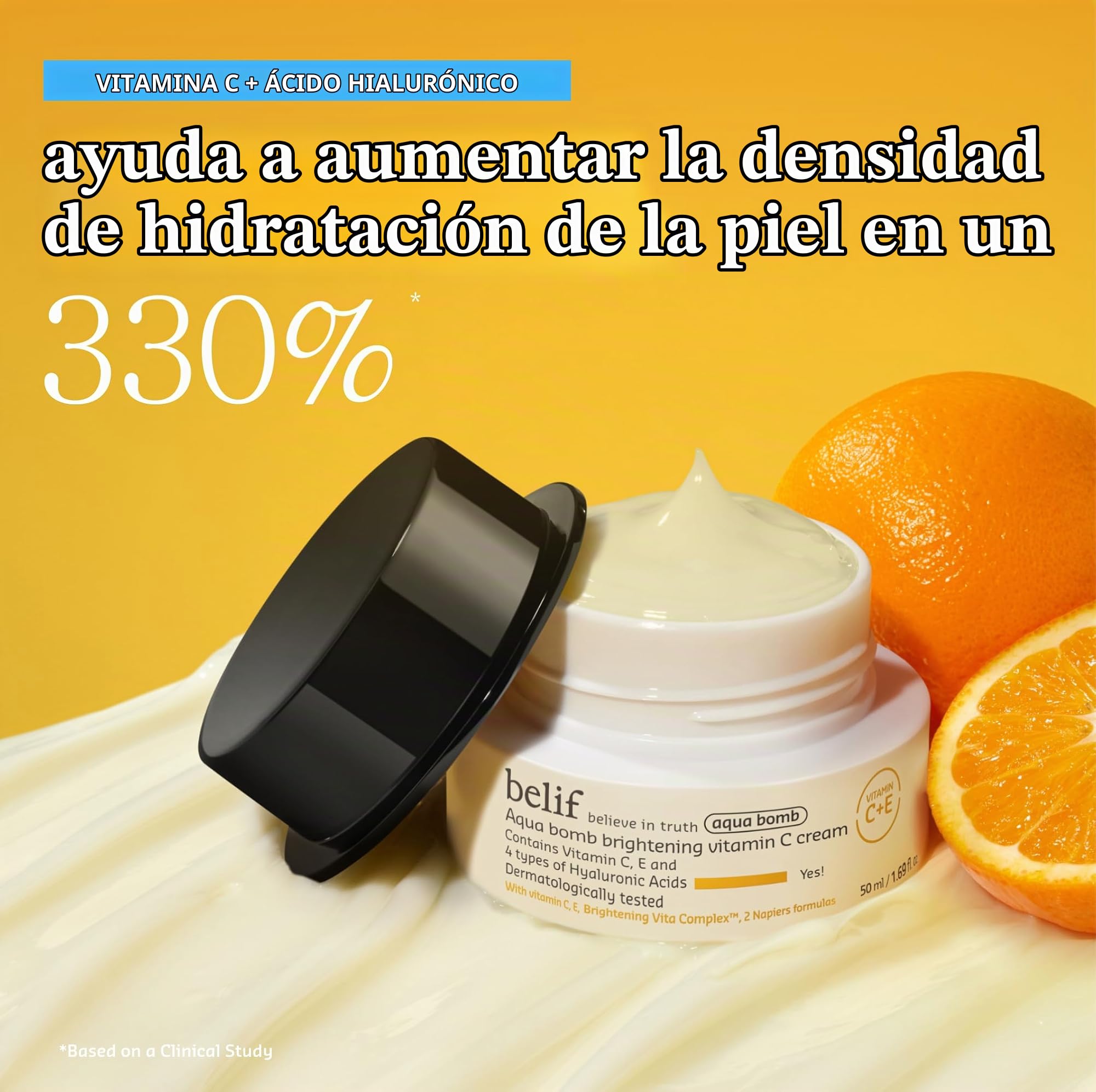 belif Aqua Bomb Brightening Cream con Vitamina C 50 ml | Crema Hidratante Iluminadora con Ácido Hialurónico y Vitaminas C+E | Vegana, Ideal para Pieles Cansadas, Cuidado Diario Facial